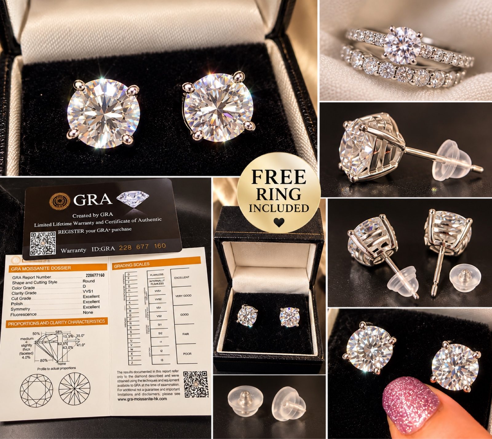 Large Moissanite Stud Earrings D VVS1 GRA Certificate + FREE Ring