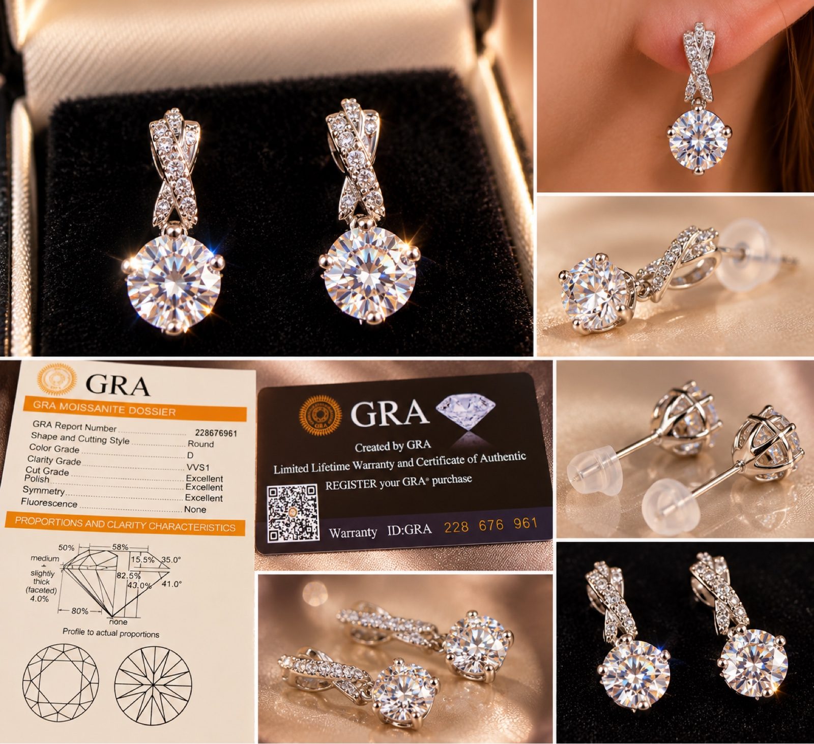 Moissanite Drop Earrings D VVS1 GRA Certified Sparkling Round Dangle