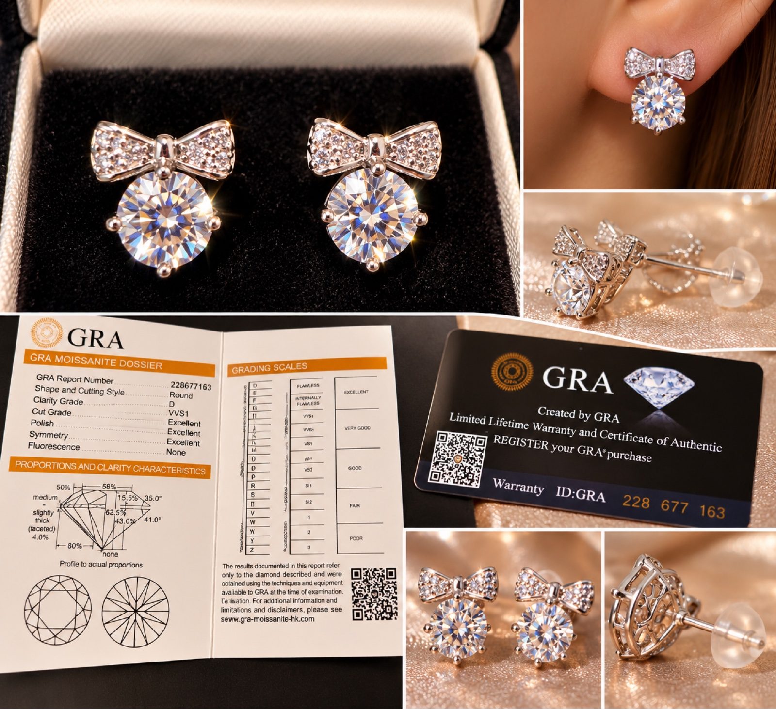 Moissanite Bow Stud Earrings D VVS1 GRA Certified Round Sparkling