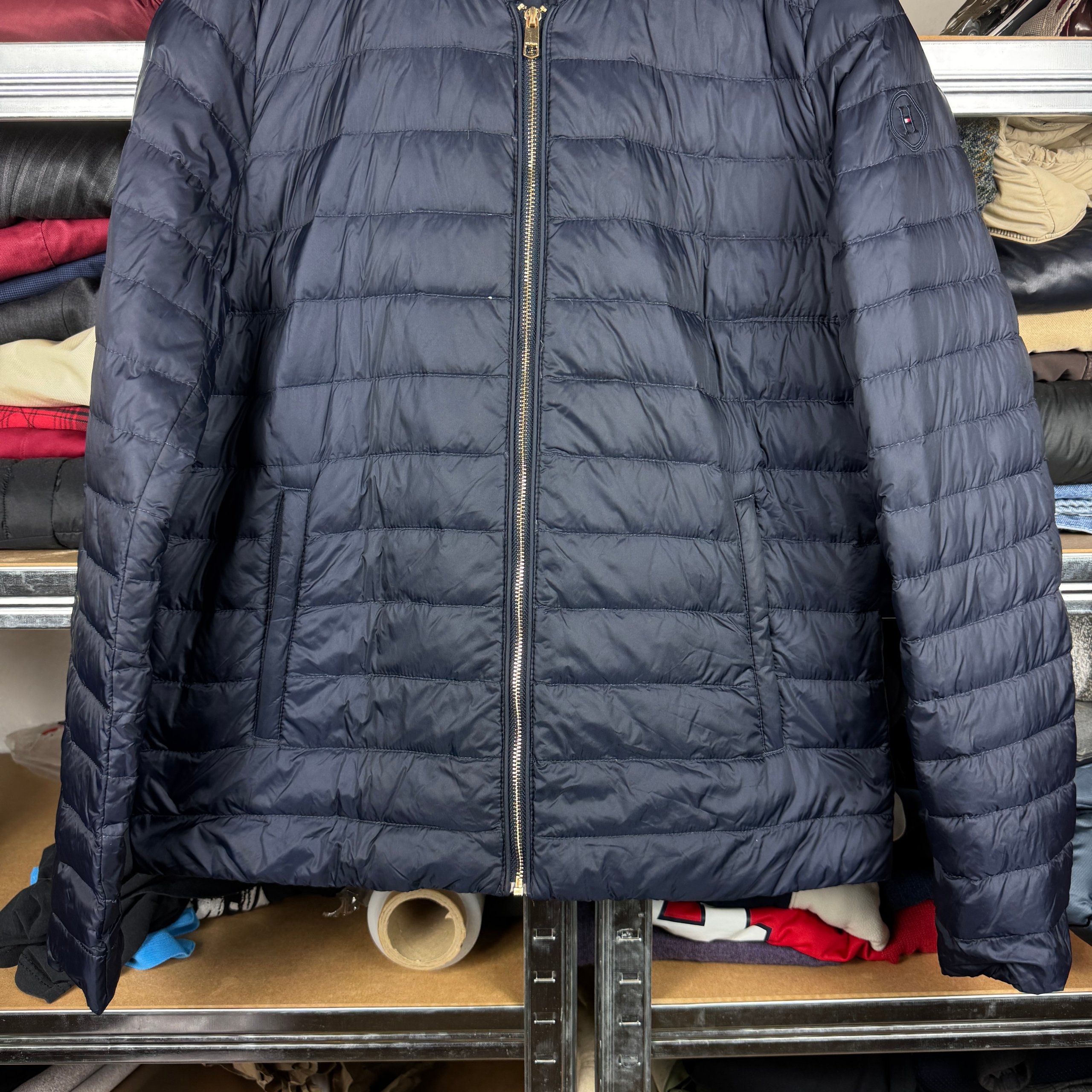 Women`s Tommy Hilfiger Navy Light Puffer Bomber Down Jacket Size M image 7