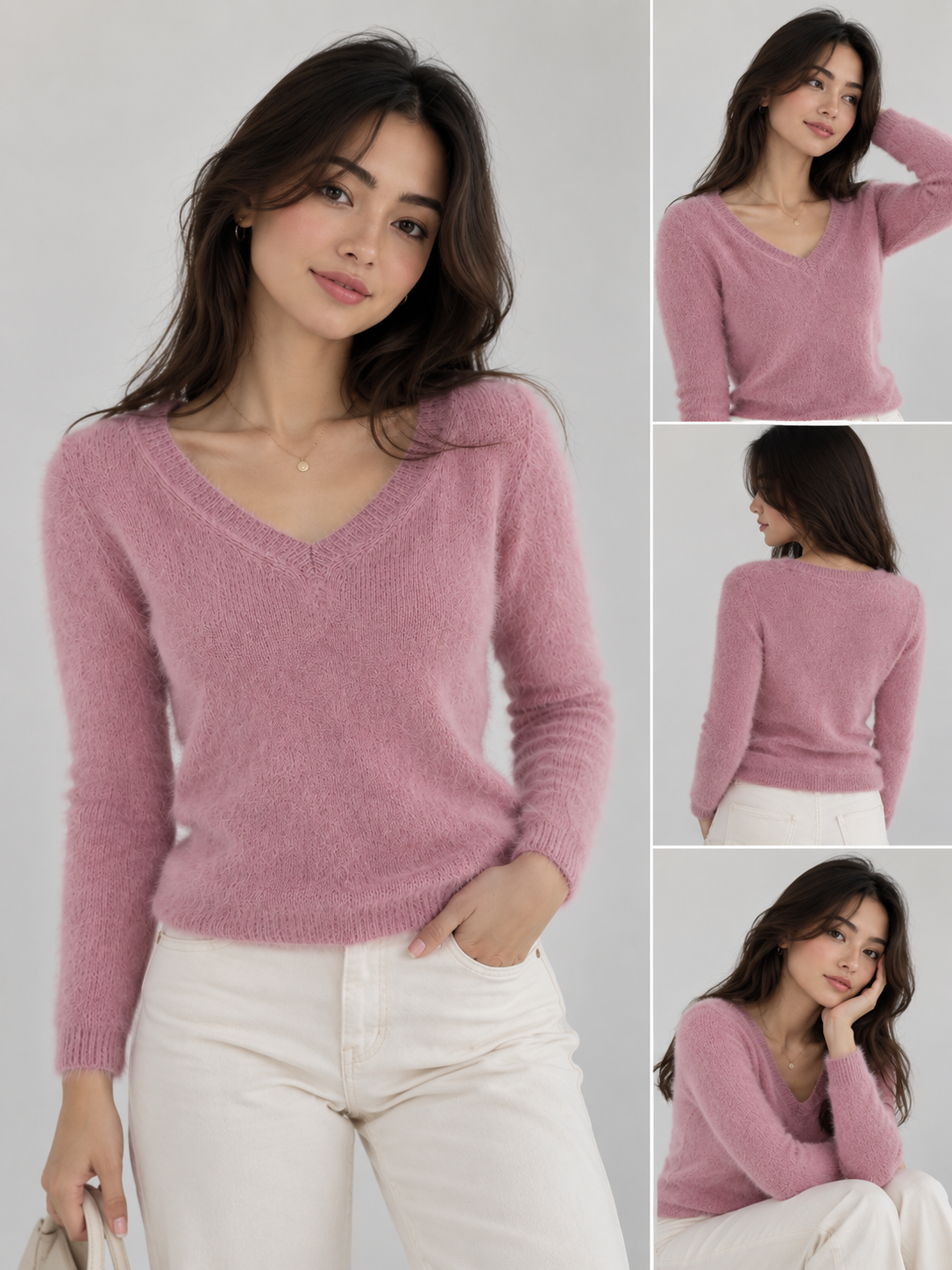 New Roberto Collina Pink Angora Wool V-Neck Sweater Size S image 3