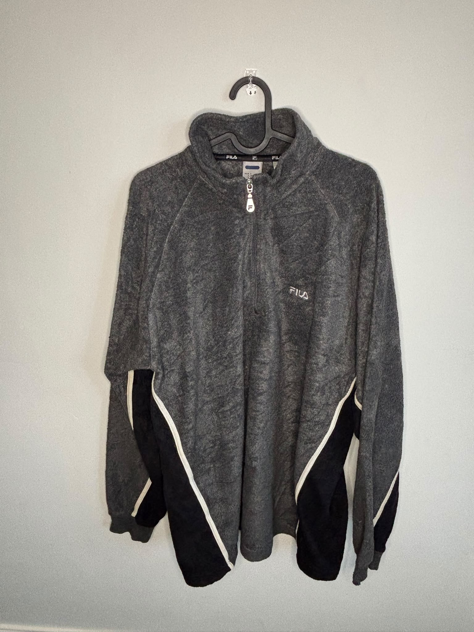 FILA Vintage Grey Quarter Zip Fleece Jumper Size L Black White Panels