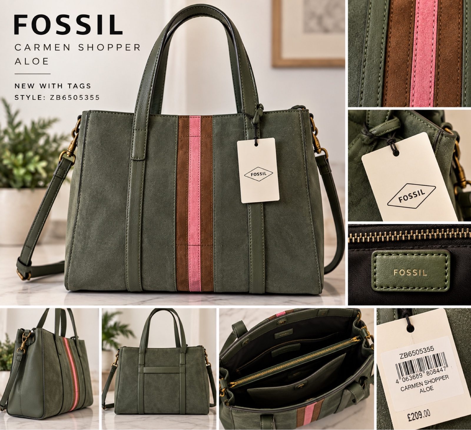Fossil Carmen Shopper Tote Bag Aloe Green Suede Leather NWT RRP £209
