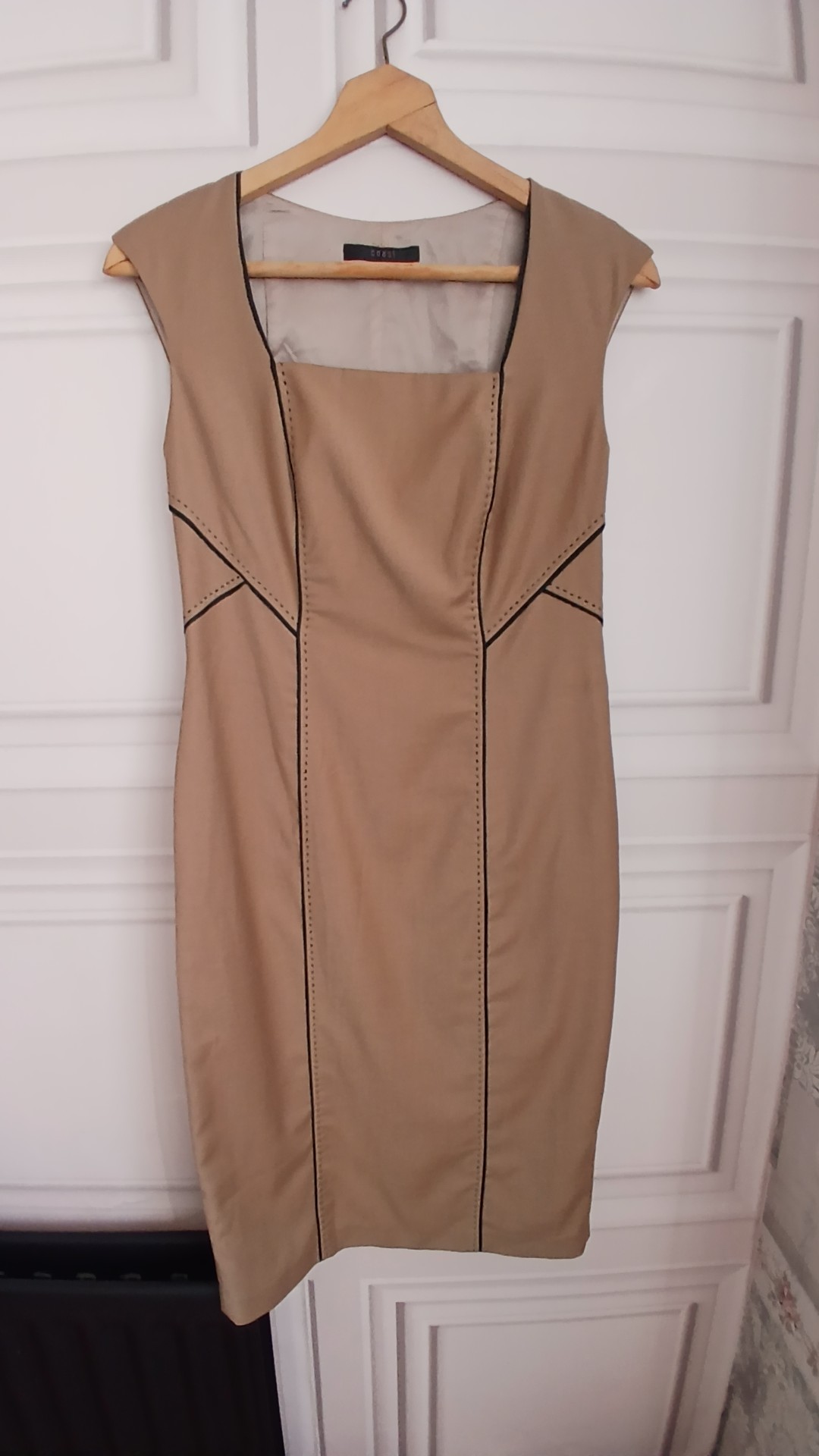 Coast Beige Sleeveless Pencil Dress Size 10 Contrast Stitching