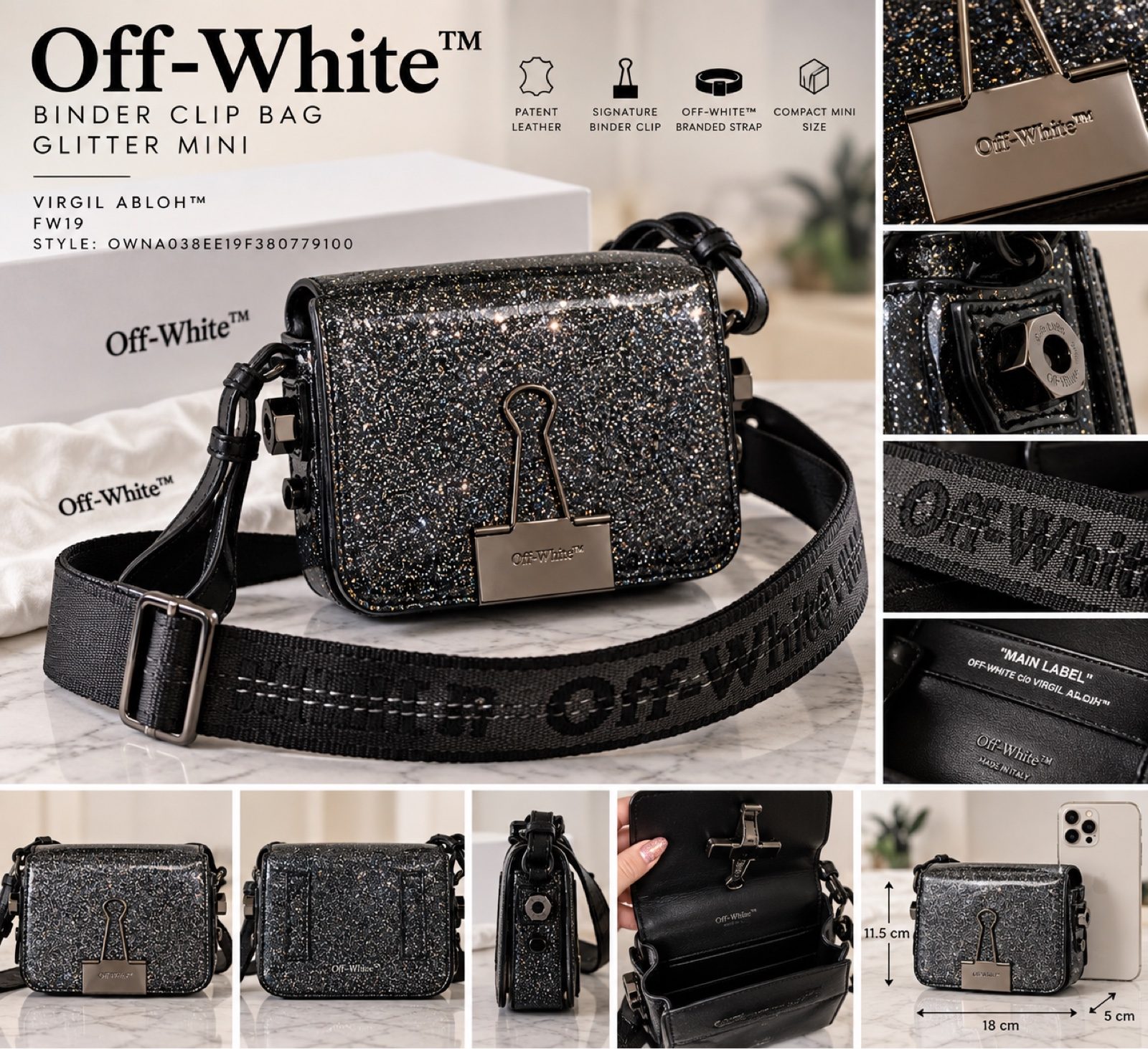 Off-White Binder Clip Glitter Mini Crossbody Bag Silver Black Virgil Abloh