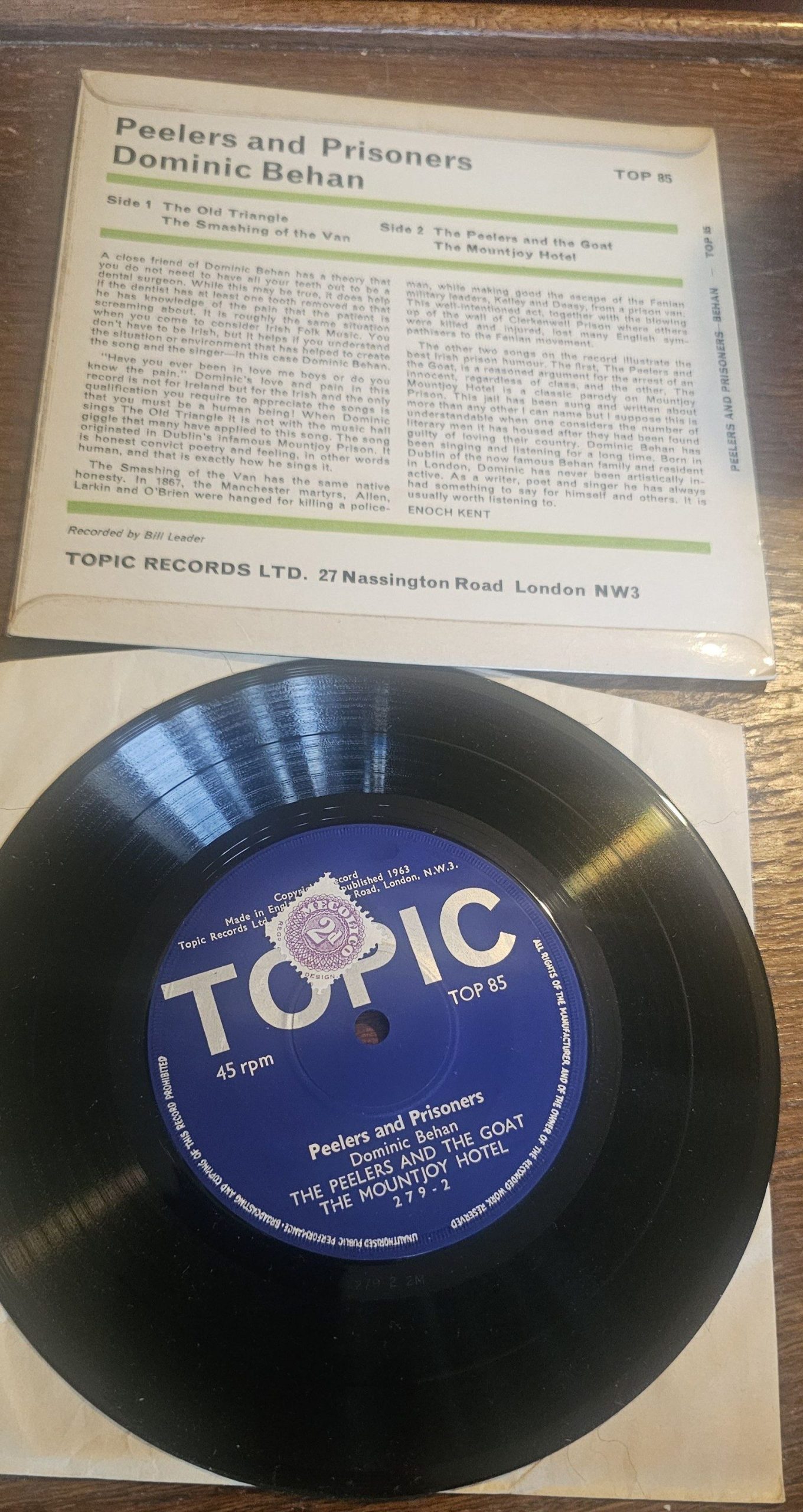 Dominic Behan Peelers and Prisoners Topic TOP 85 7" Vinyl Single image 2