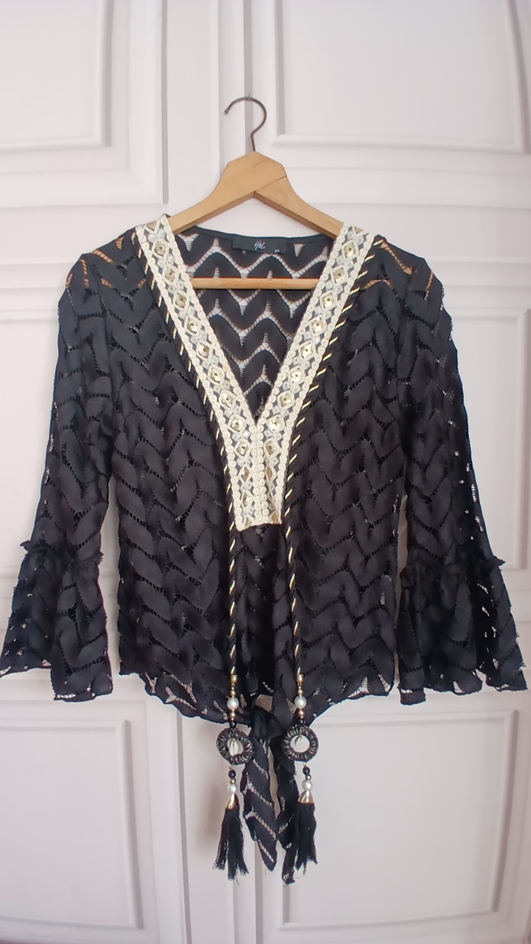 H&L Black Embroidered Decorative Tassel Gold Sequin Sheer Top Medium