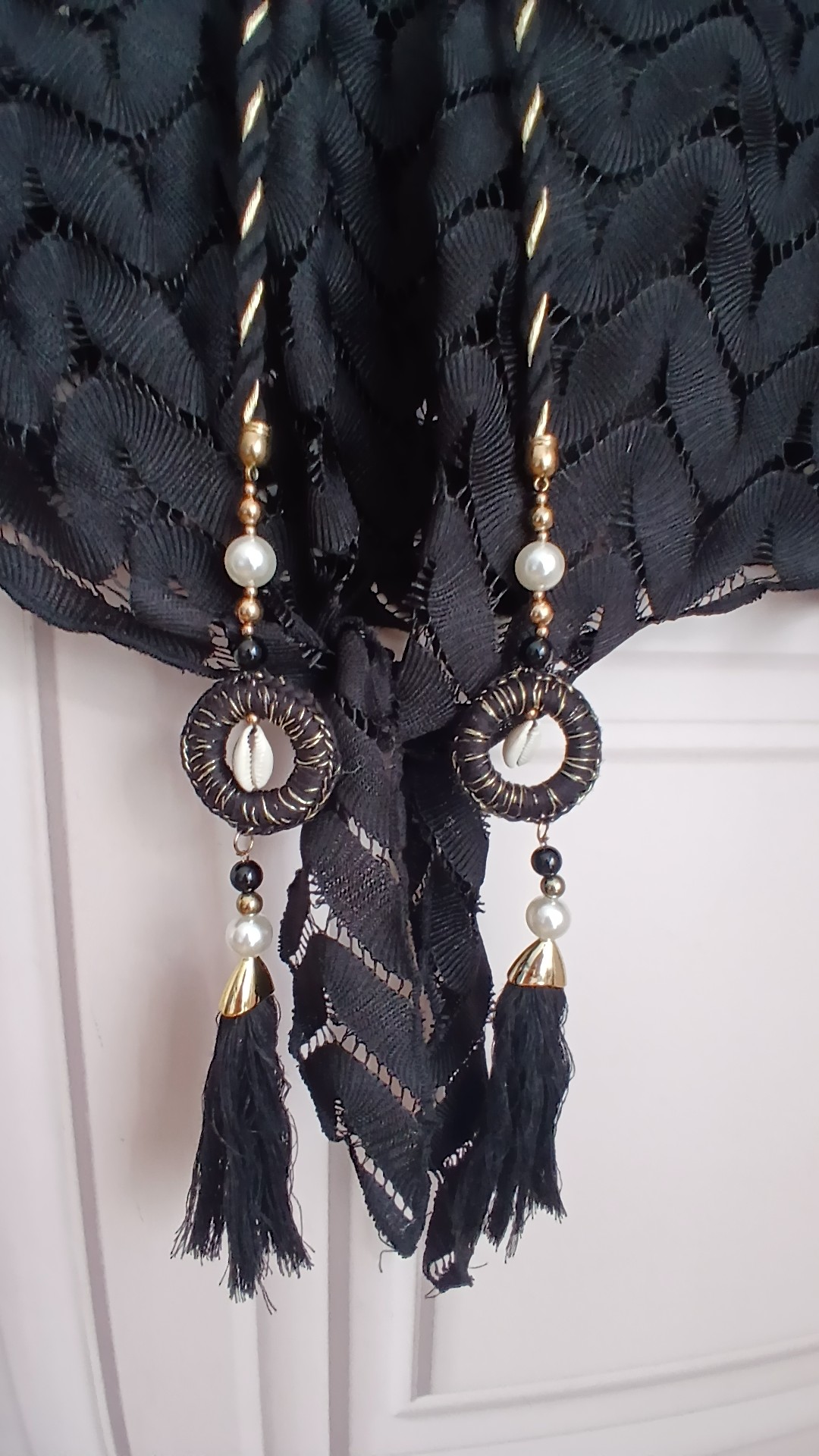 H&L Black Embroidered Decorative Tassel Gold Sequin Sheer Top Medium image 2