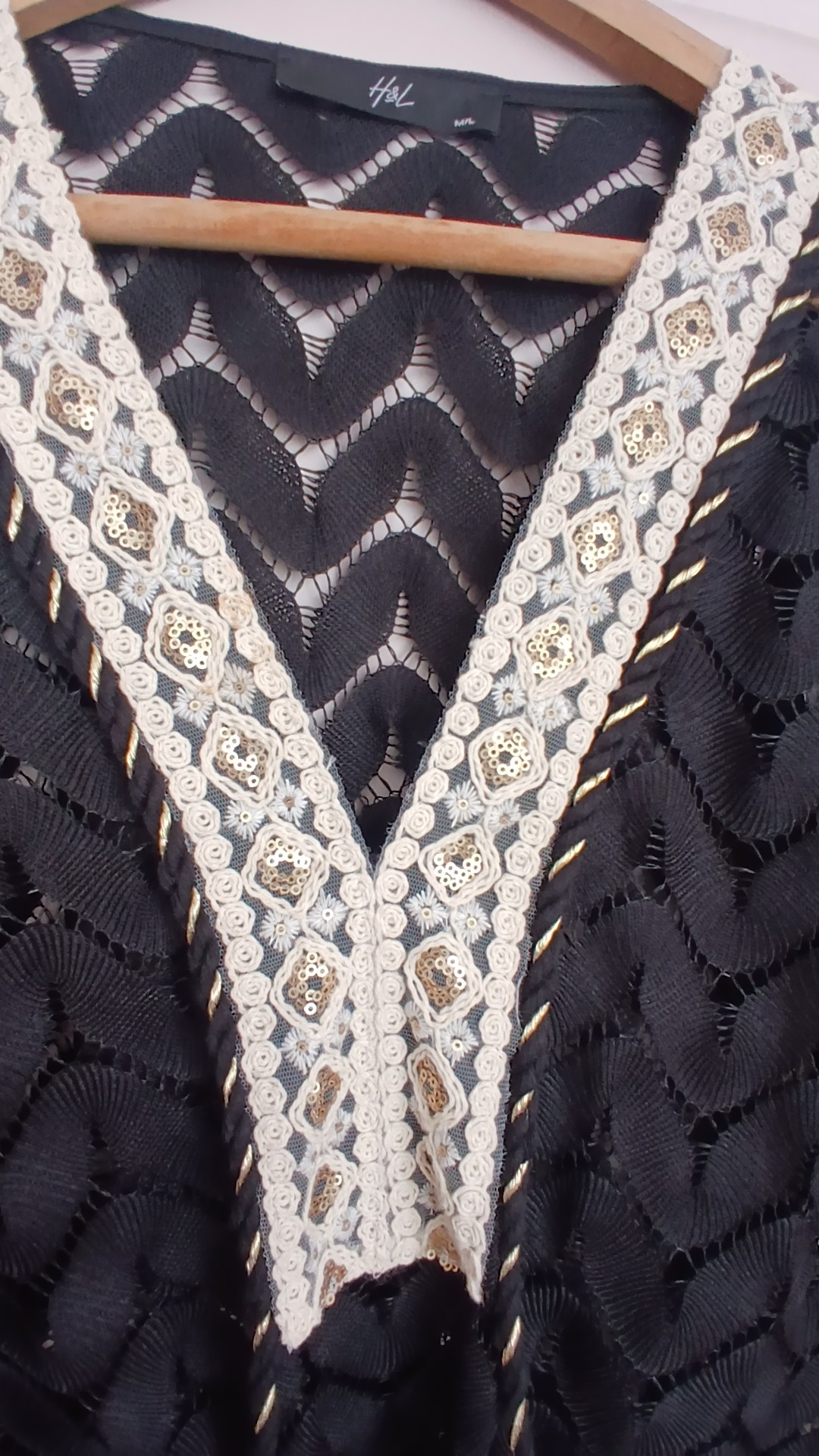 H&L Black Embroidered Decorative Tassel Gold Sequin Sheer Top Medium image 3