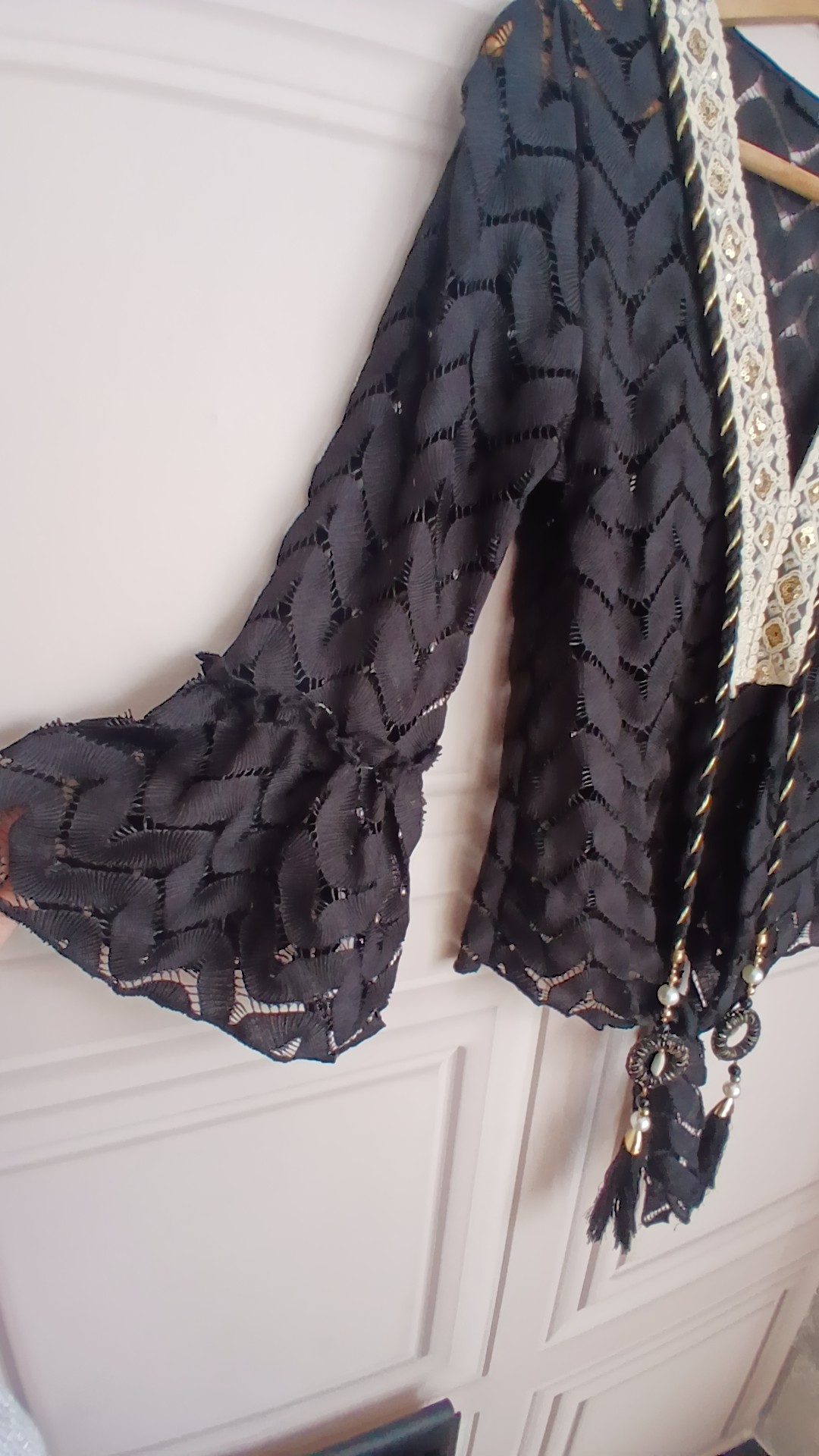 H&L Black Embroidered Decorative Tassel Gold Sequin Sheer Top Medium image 4