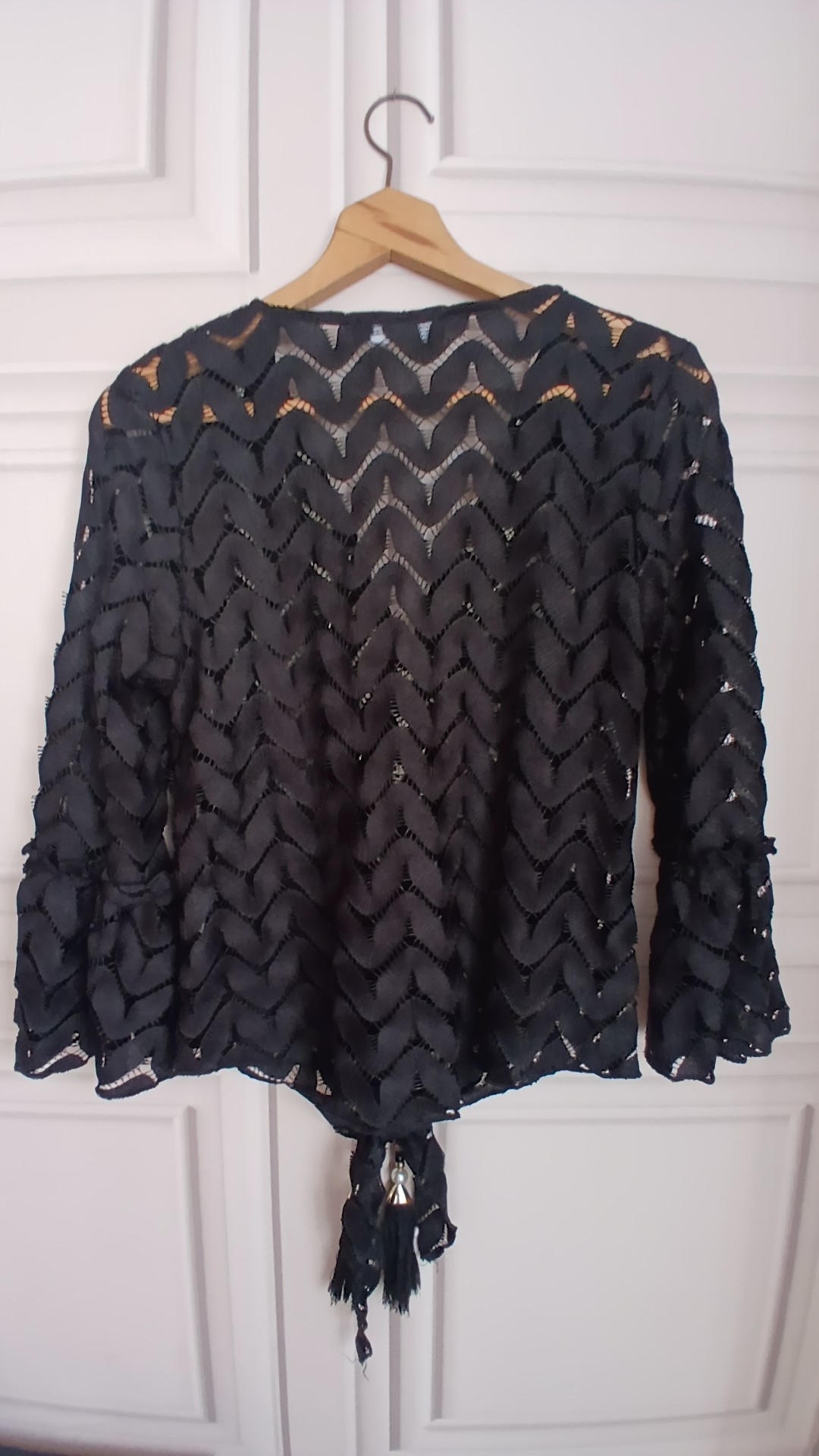 H&L Black Embroidered Decorative Tassel Gold Sequin Sheer Top Medium image 6