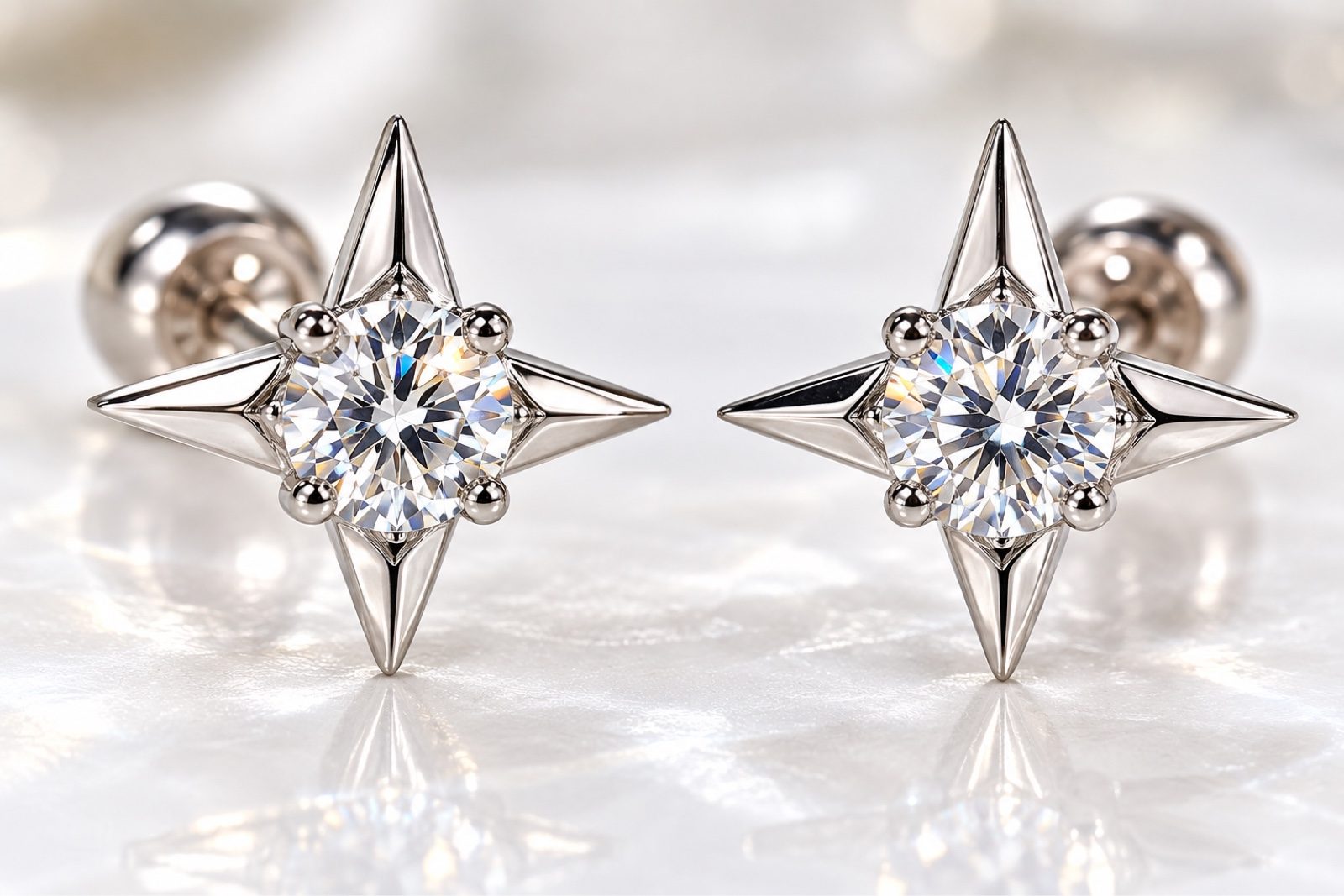 GRA Moissanite North Star Stud Earrings Silver Colour Starburst Screw Back