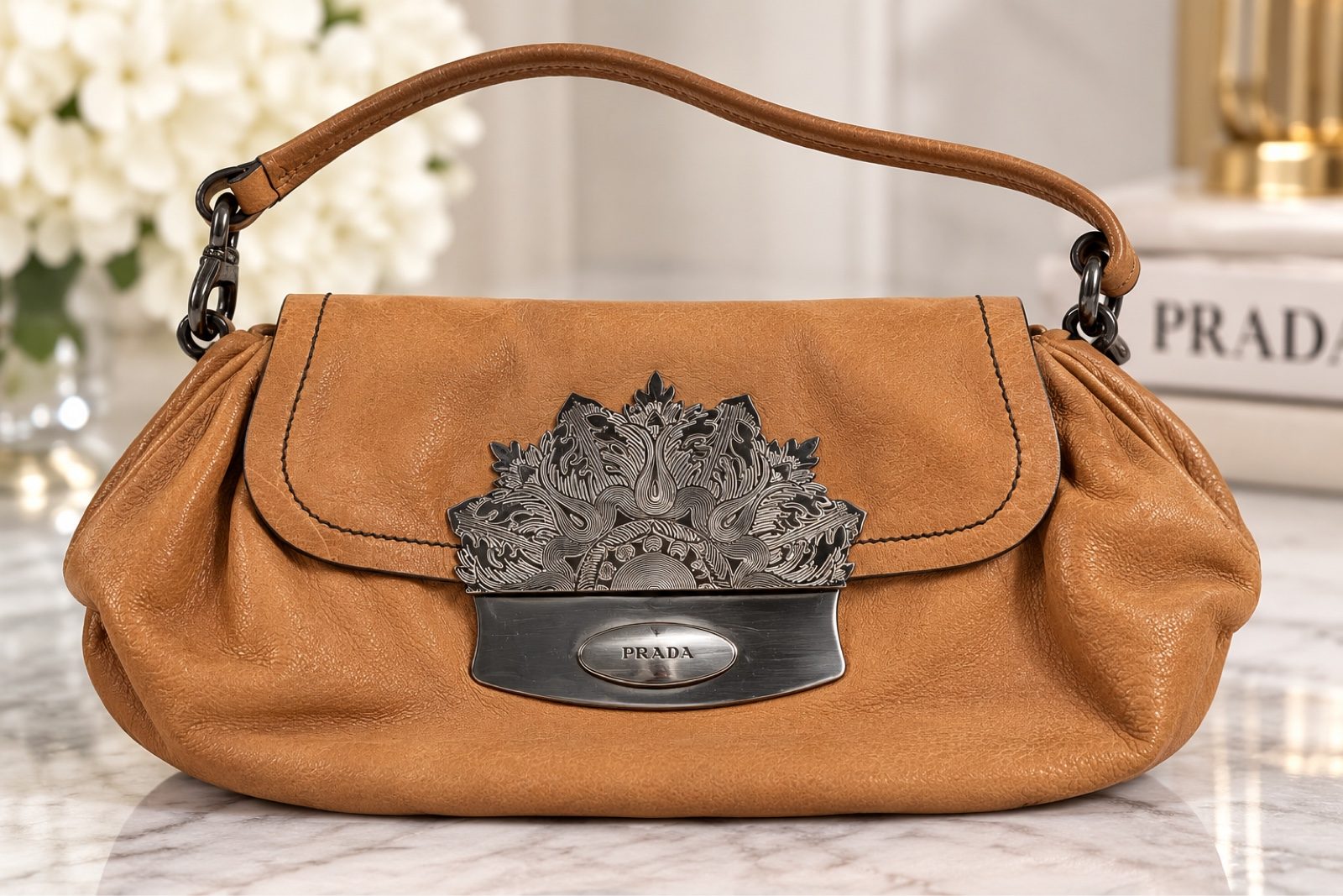 Prada Cervo Antic Skipper Tan Leather Shoulder Bag Ornate Metal Clasp Vintage