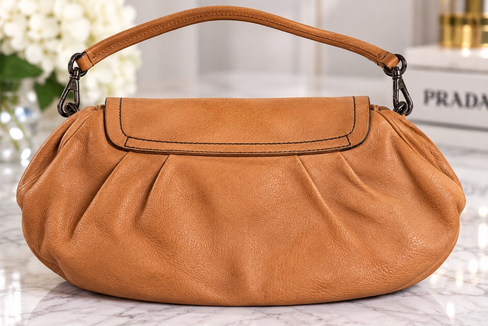 Prada Cervo Antic Skipper Tan Leather Shoulder Bag Ornate Metal Clasp Vintage image 3