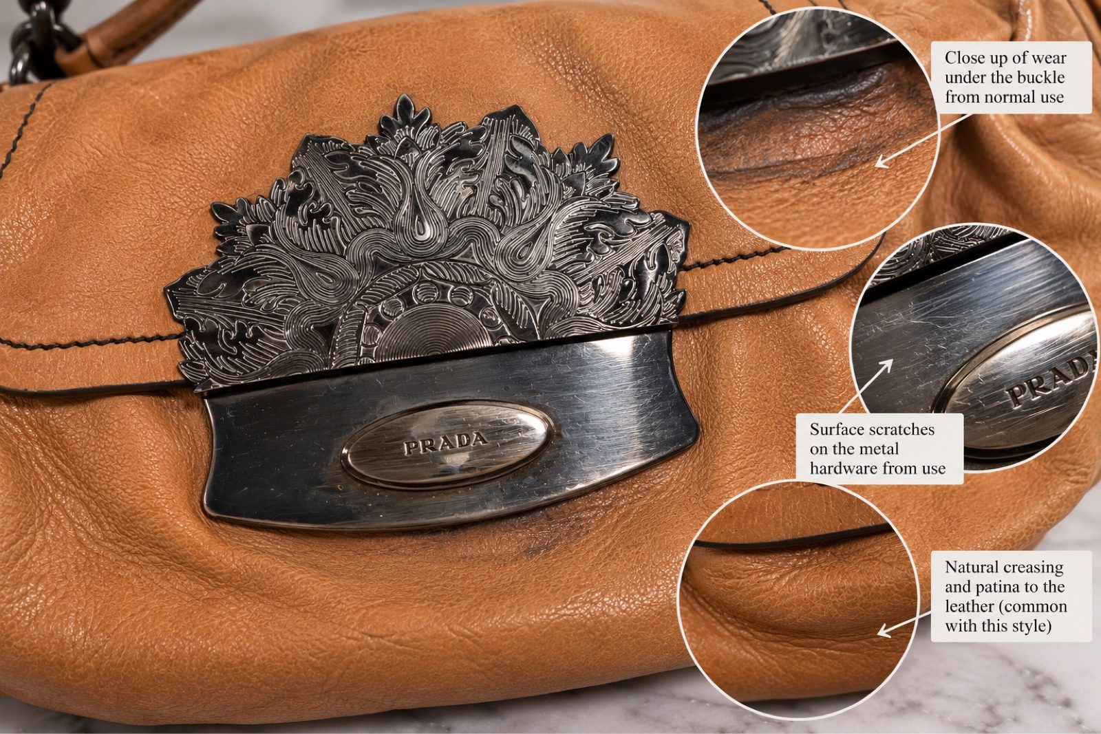 Prada Cervo Antic Skipper Tan Leather Shoulder Bag Ornate Metal Clasp Vintage image 5