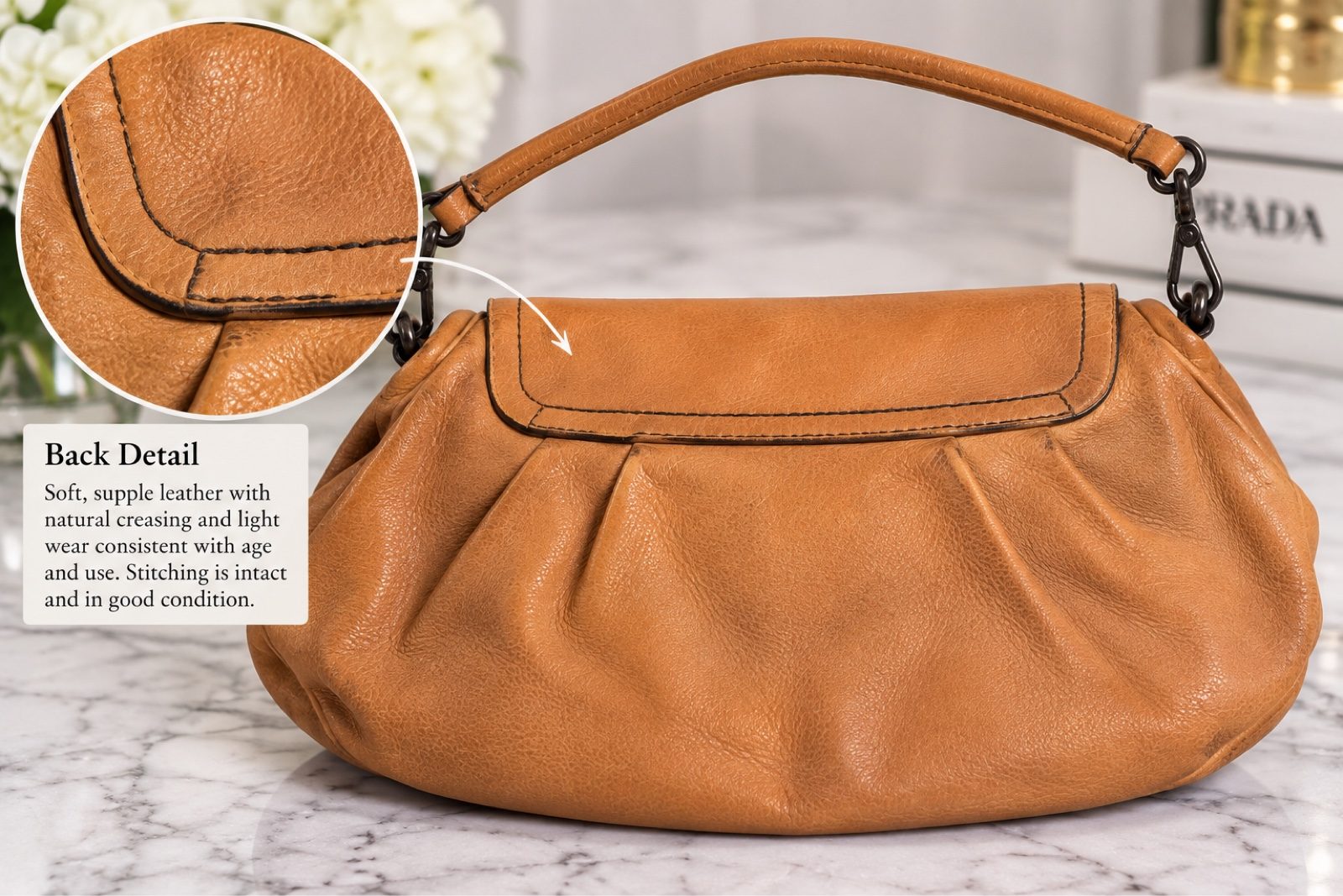 Prada Cervo Antic Skipper Tan Leather Shoulder Bag Ornate Metal Clasp Vintage image 7