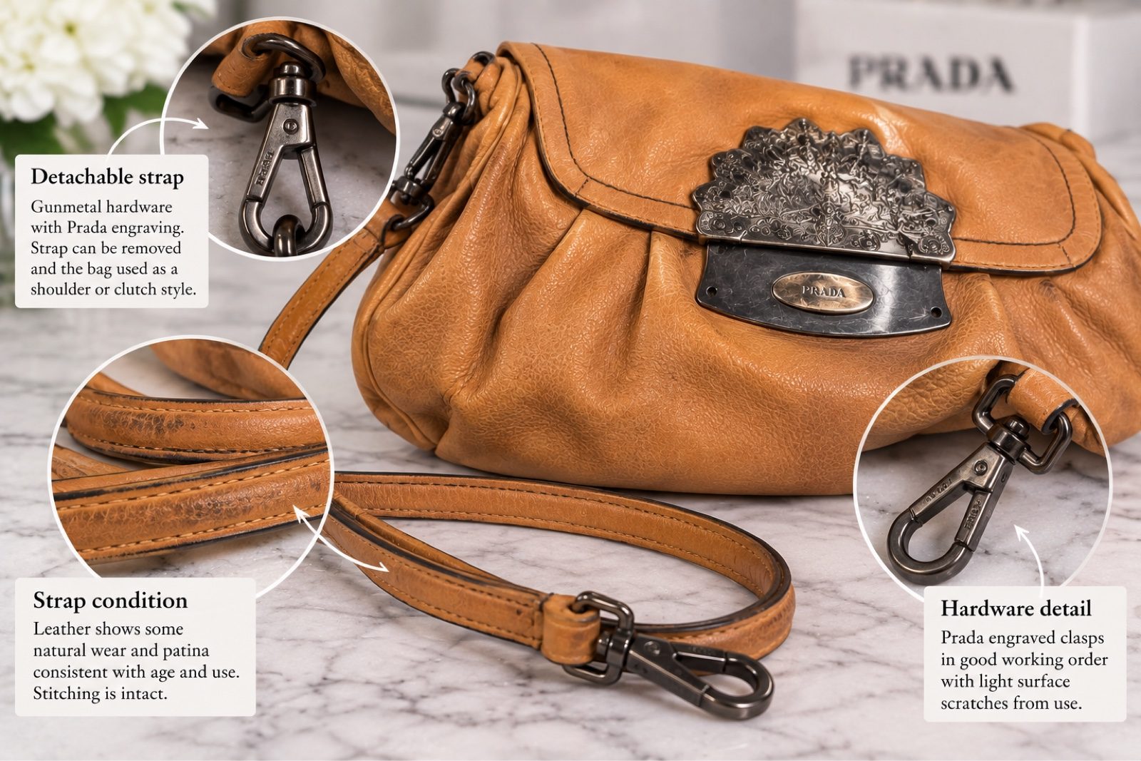 Prada Cervo Antic Skipper Tan Leather Shoulder Bag Ornate Metal Clasp Vintage image 8