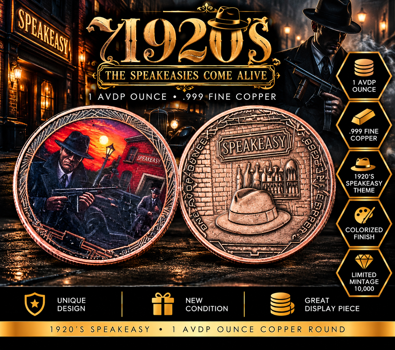 1920's Speakeasy Copper Round 1 AVDP Ounce Colorised New