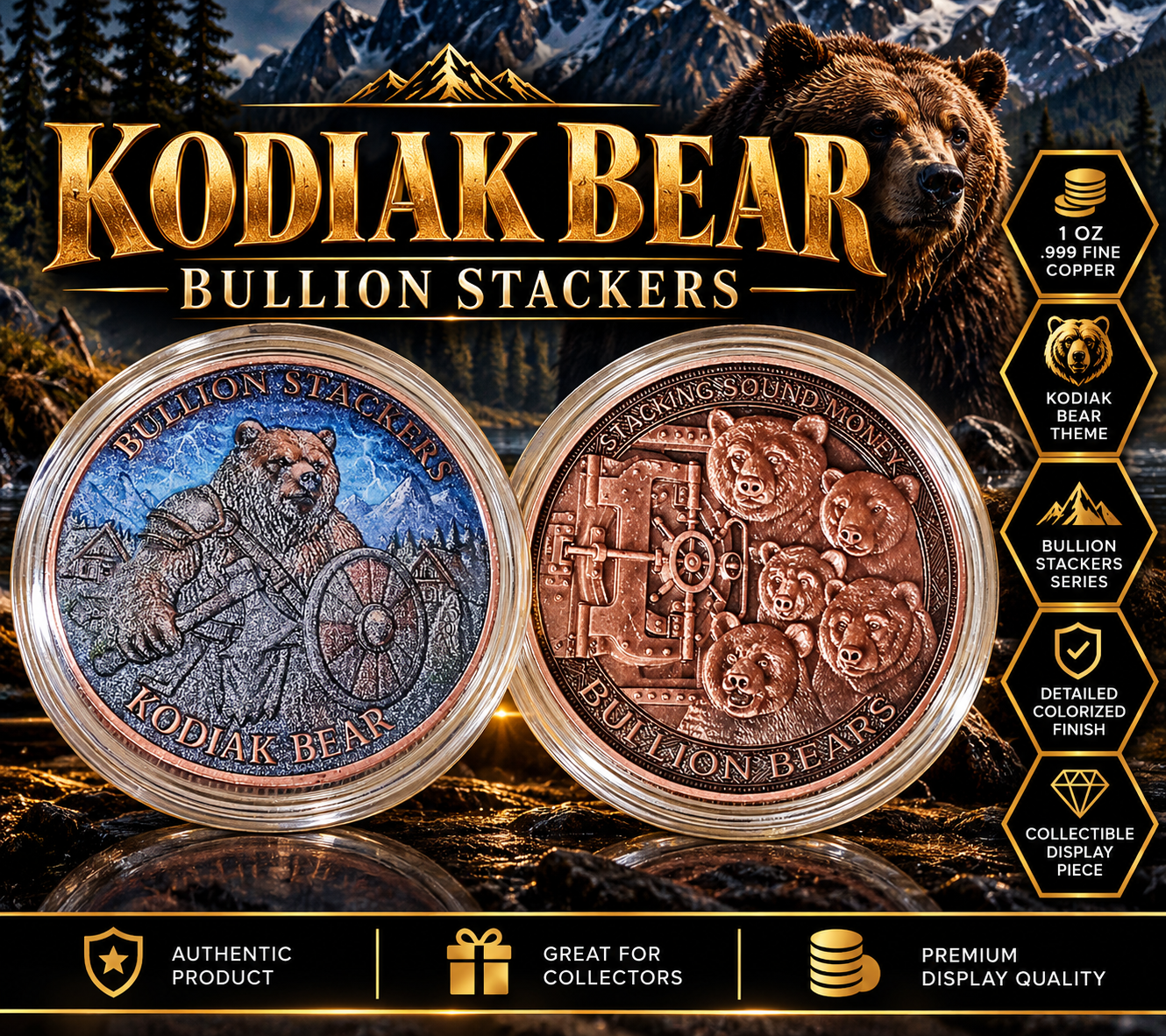Kodiak Bear 1oz Copper Bullion Stackers Collectible Coins