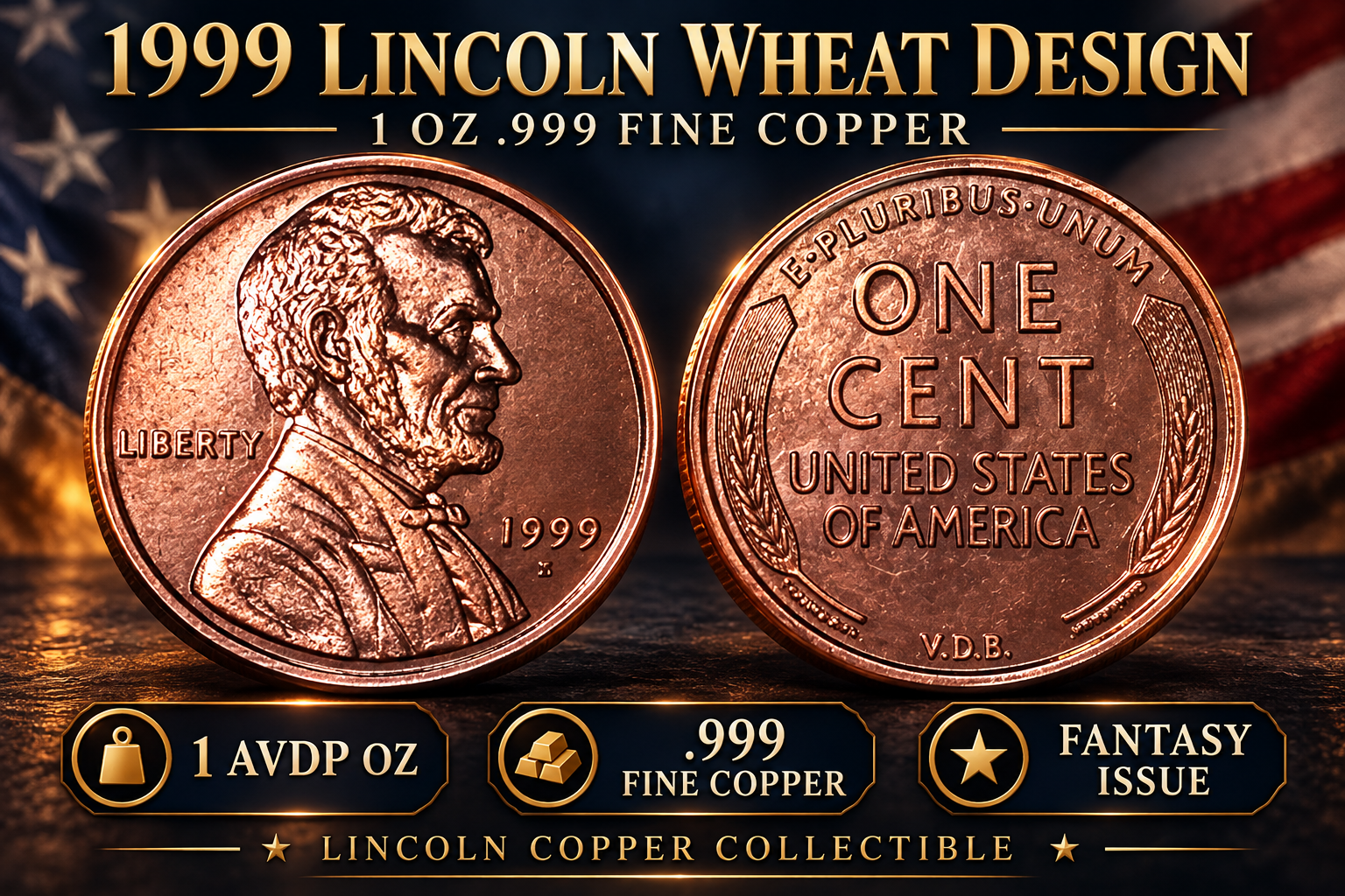 1999 Lincoln Wheat Design 1oz .999 Fine Copper Coin