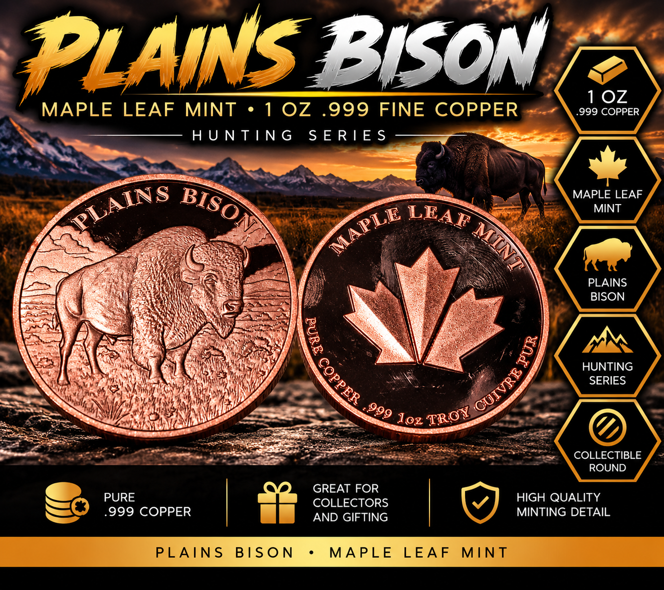 Maple Leaf Mint Plains Bison 1 oz .999 Fine Copper Collectible Coin