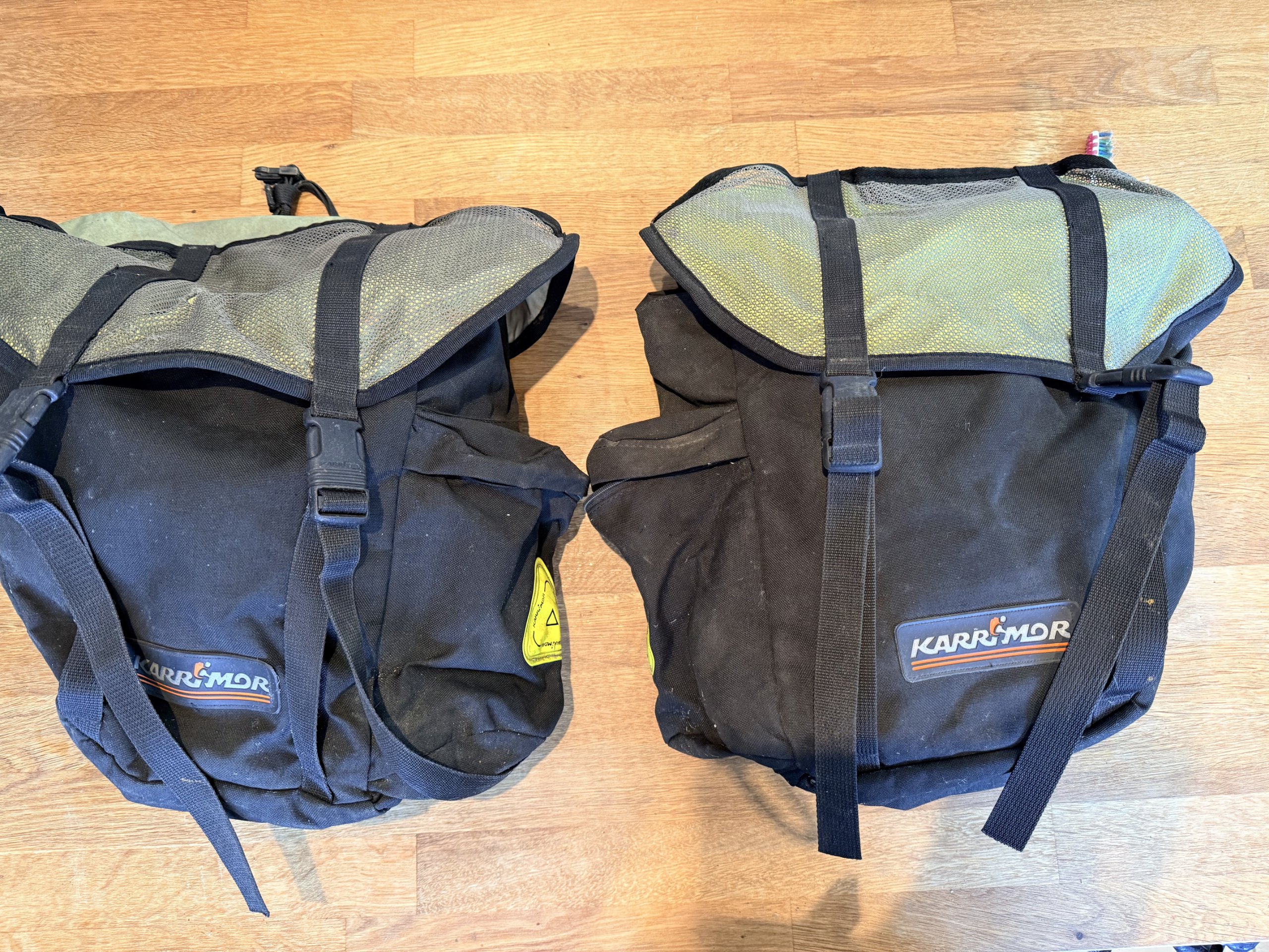 Vintage 90s Karrimor Black & Yellow Bicycle rear Pannier Bags Pair