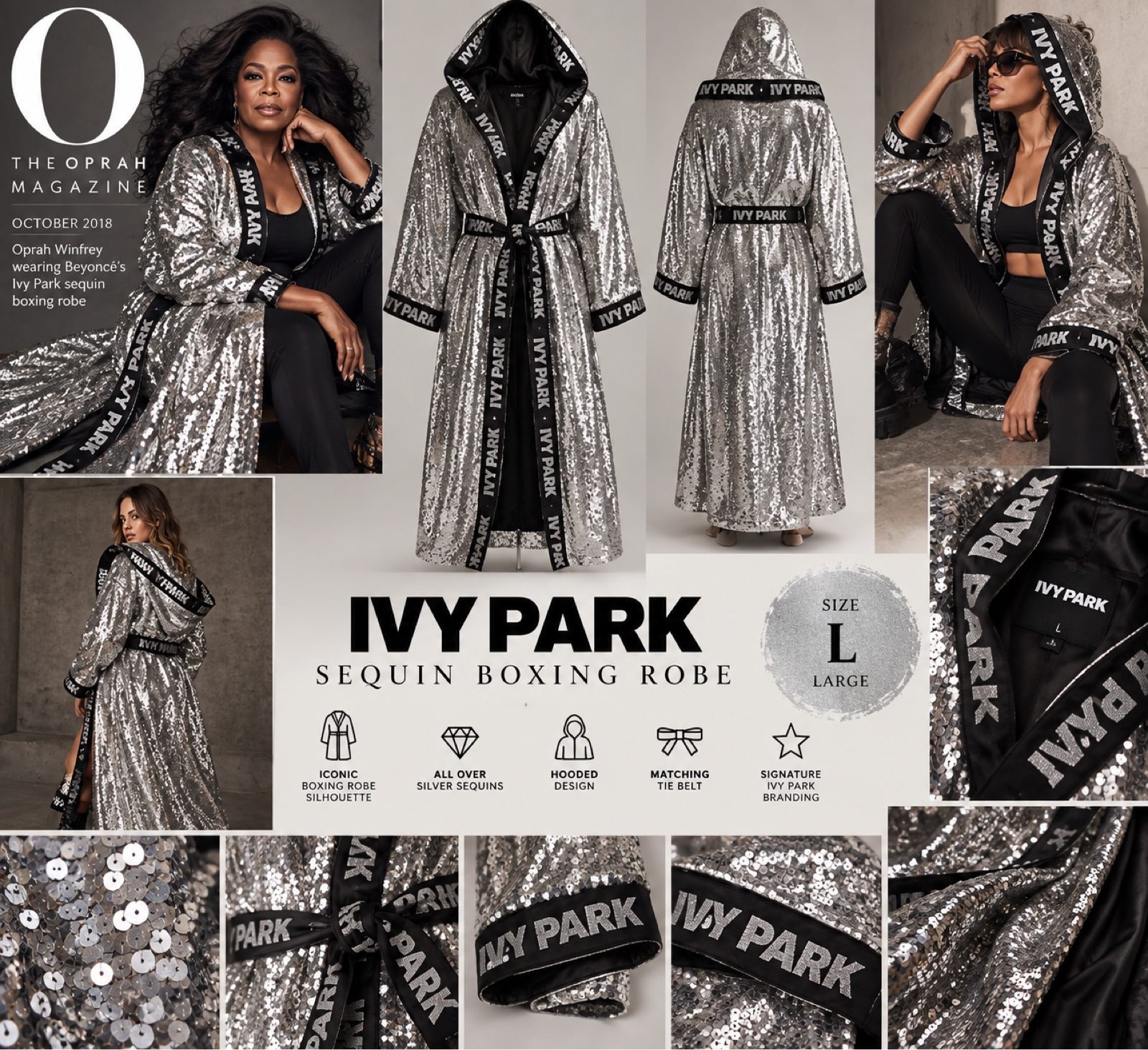 Ivy Park Sequin Boxing Robe Large Silver Beyoncé Oprah Cover Rare Hooded
