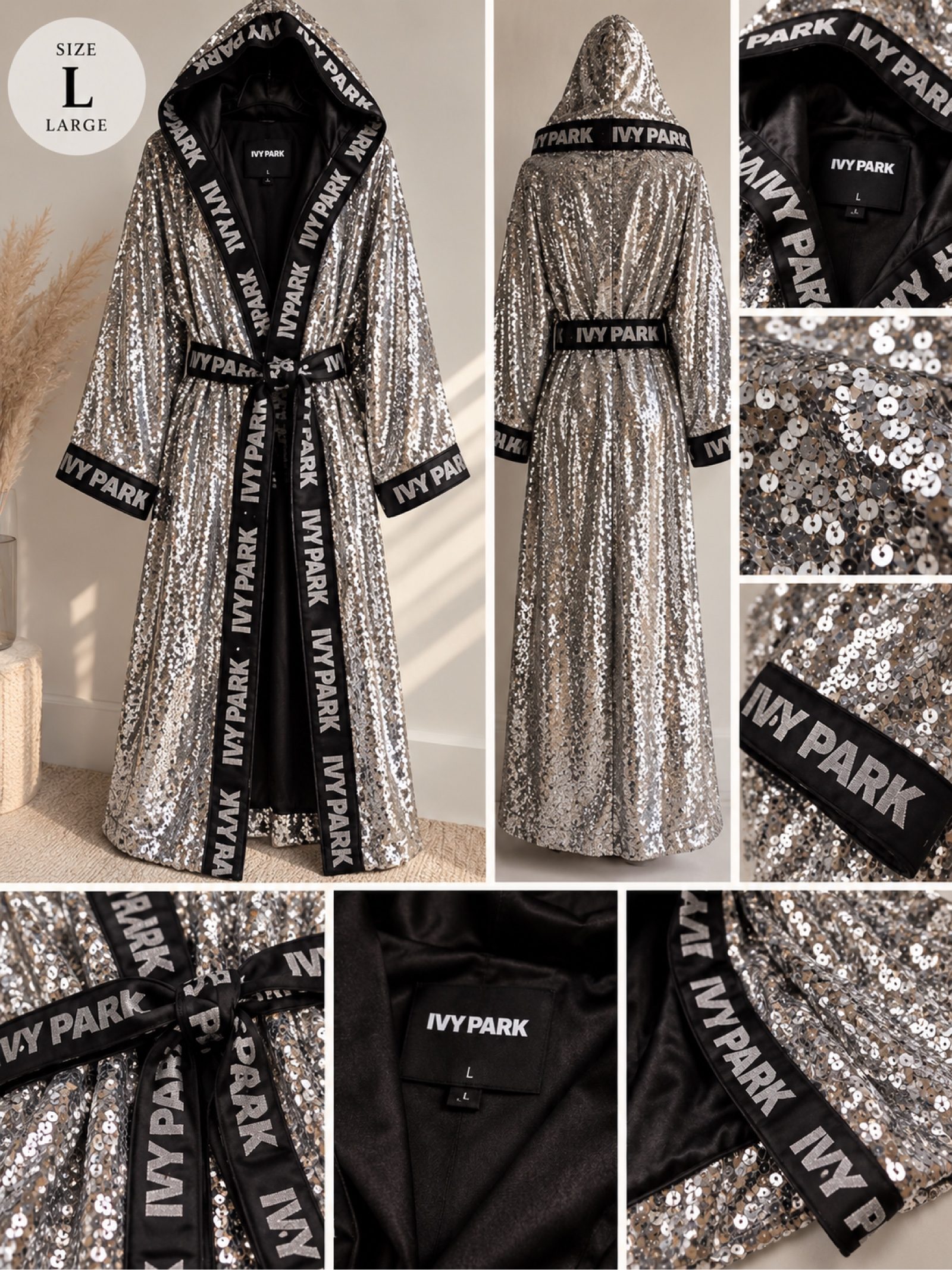 Ivy Park Sequin Boxing Robe Large Silver Beyoncé Oprah Cover Rare Hooded image 2