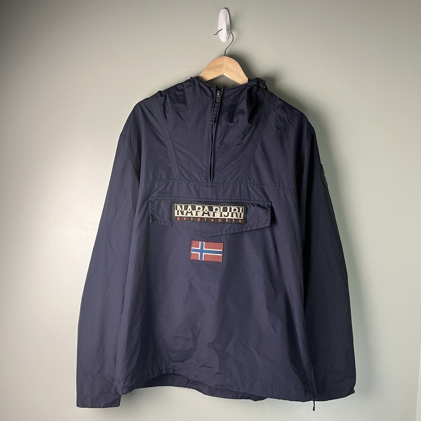 Napapijri Navy Blue Men's mesh lined Windbreaker Jacket with Hood & Zipper Cuffs