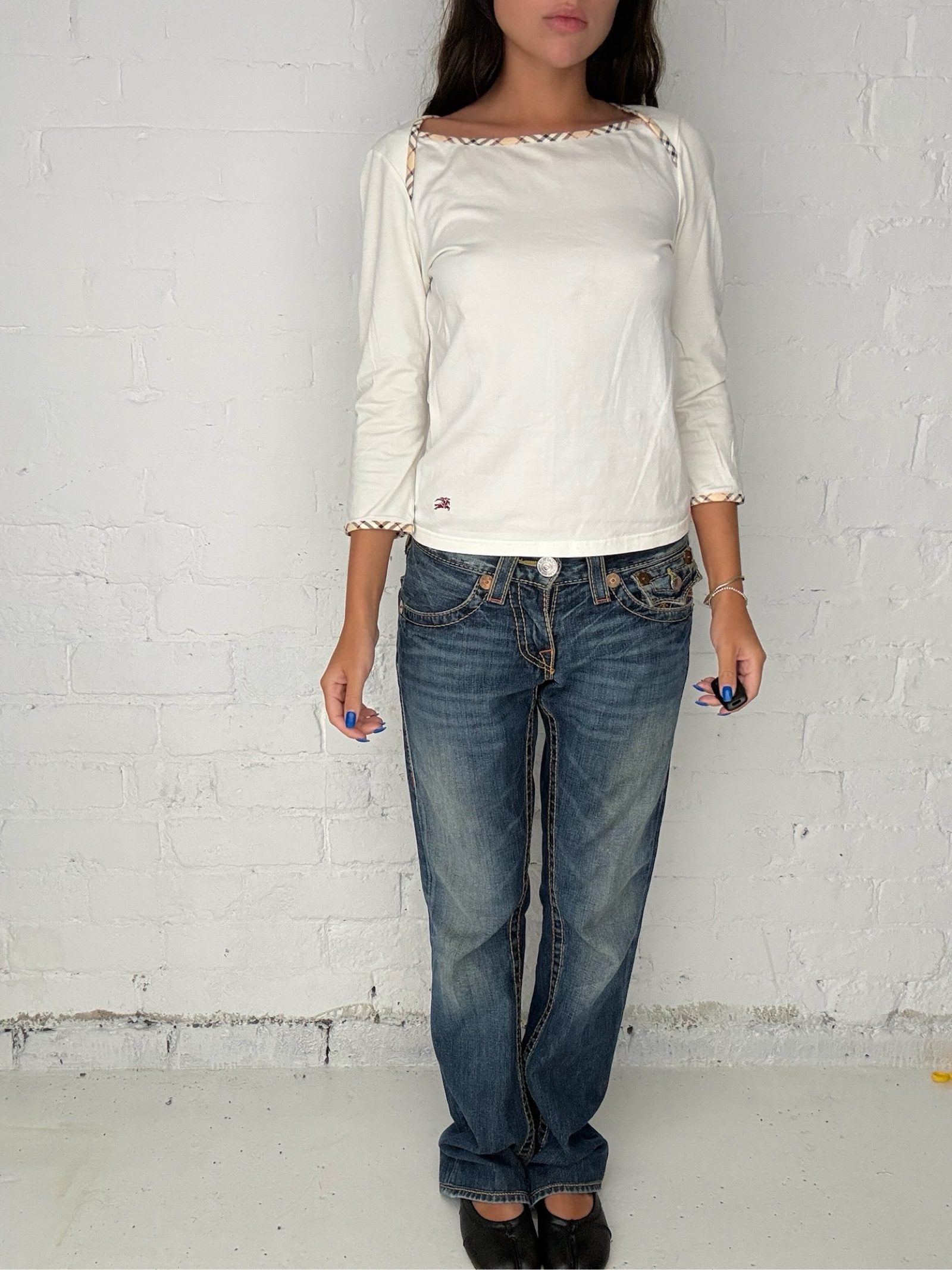 Burberry White Boat Neck Top With Embroidered Logo & Nova Check Trim - S