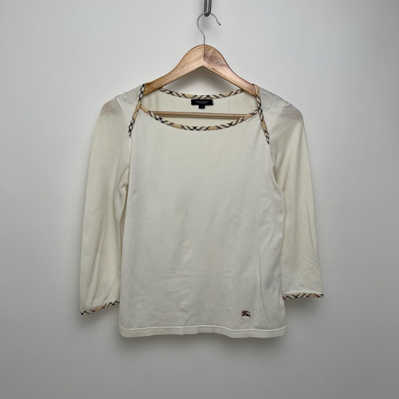 Burberry White Boat Neck Top With Embroidered Logo & Nova Check Trim - S image 2