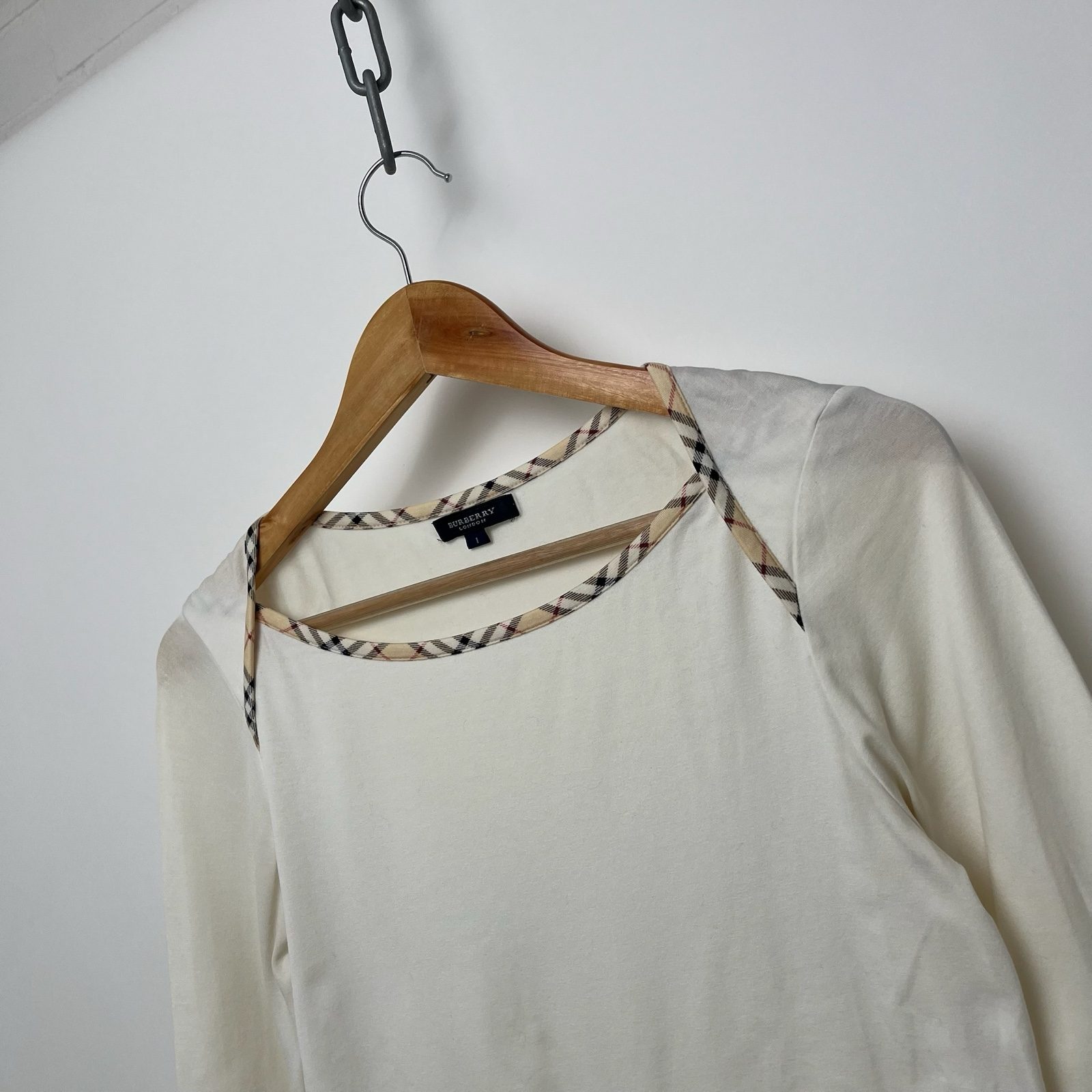 Burberry White Boat Neck Top With Embroidered Logo & Nova Check Trim - S image 3