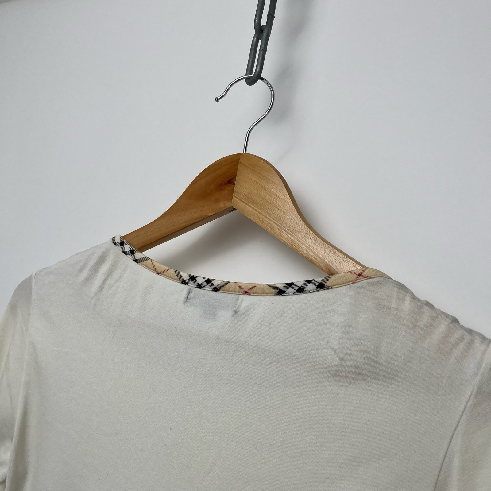 Burberry White Boat Neck Top With Embroidered Logo & Nova Check Trim - S image 8