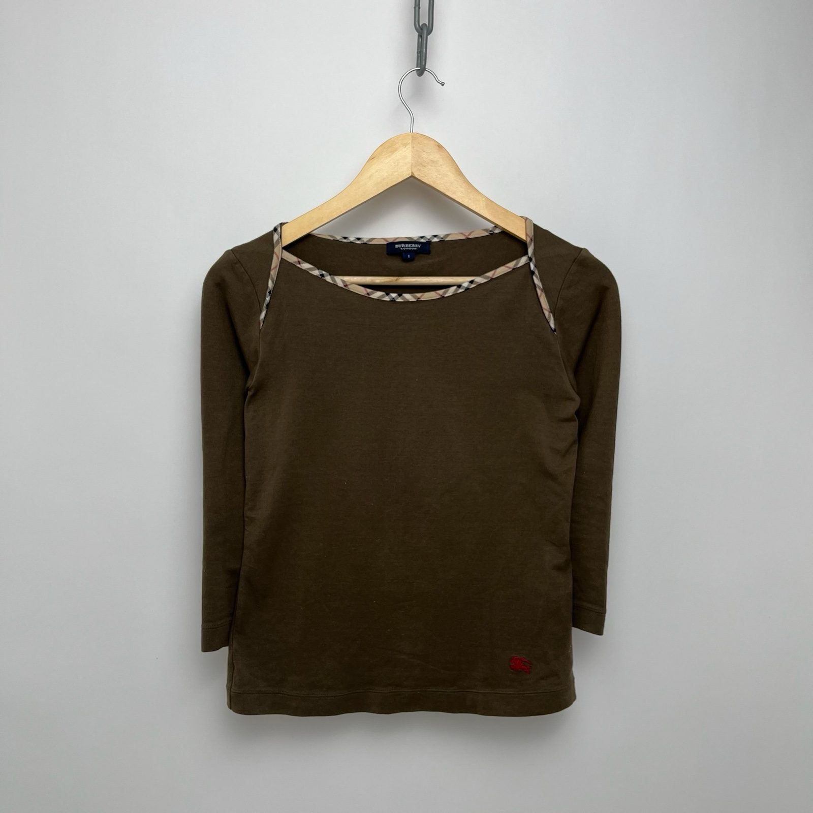 Burberry Khaki Stretch Cotton Boat Neck 3/4 Sleeve Top - S image 2