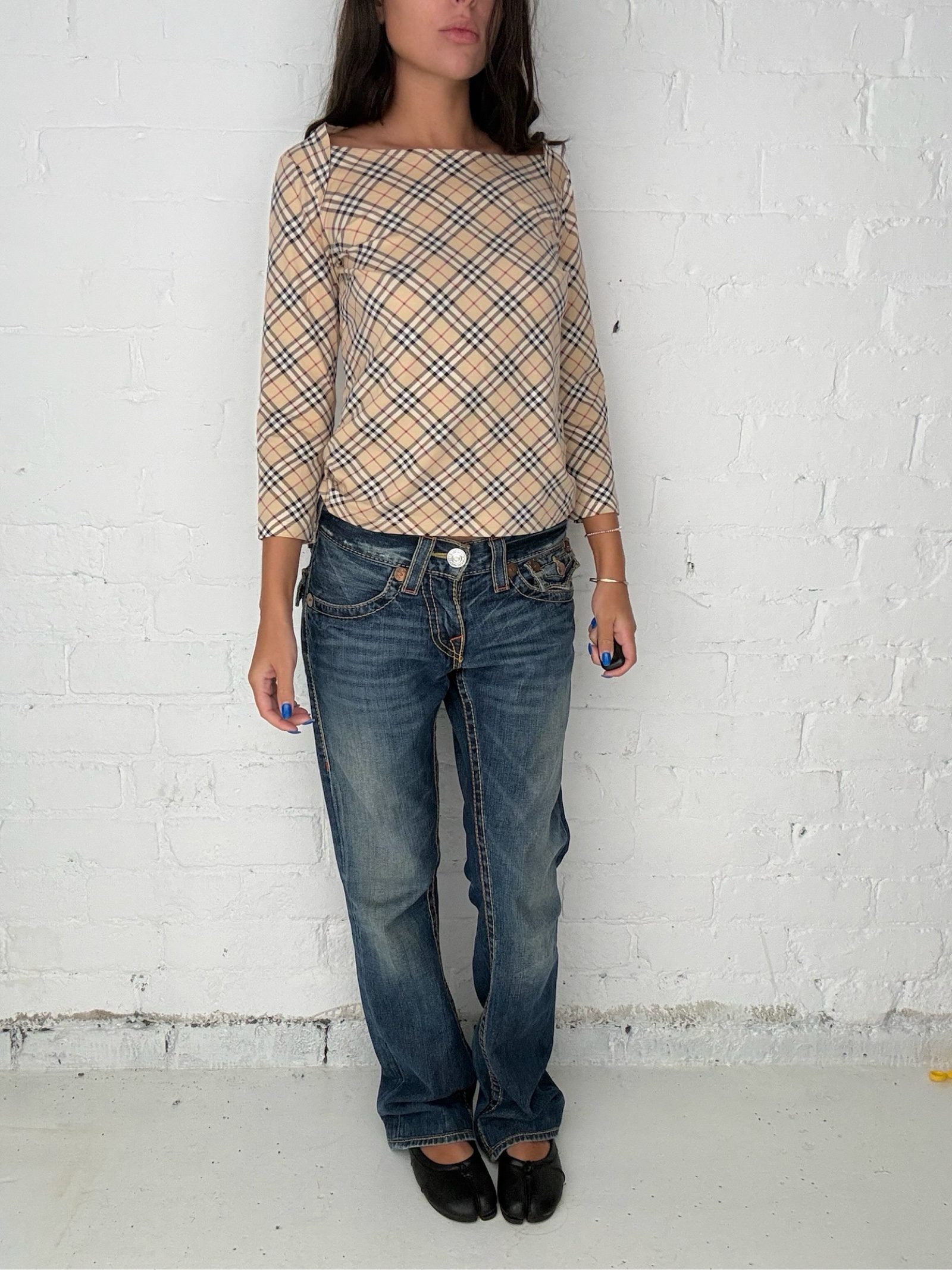 Burberry Nova Check Stretch Cotton Boat Neck 3/4 Sleeve Top - S