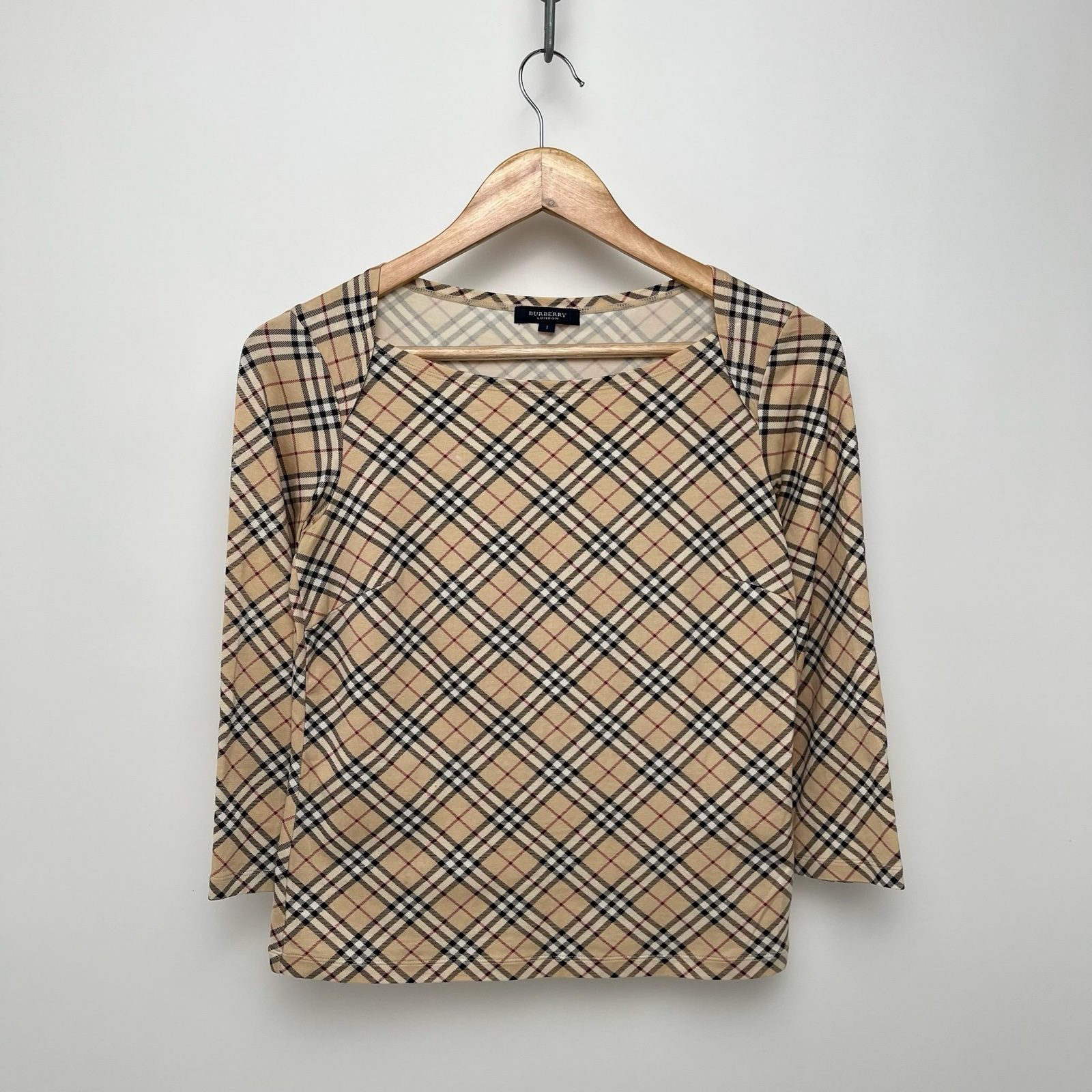 Burberry Nova Check Stretch Cotton Boat Neck 3/4 Sleeve Top - S image 2