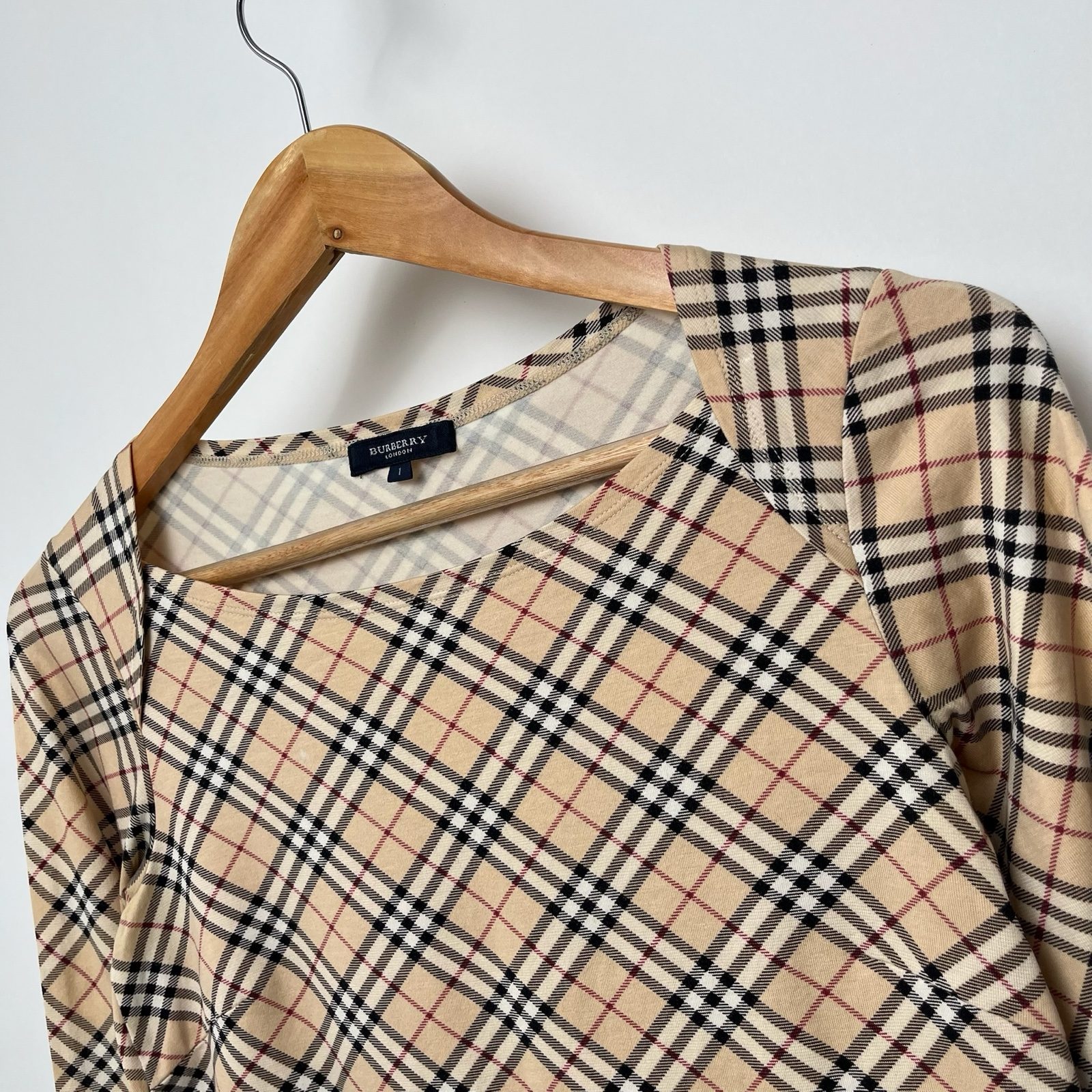 Burberry Nova Check Stretch Cotton Boat Neck 3/4 Sleeve Top - S image 3