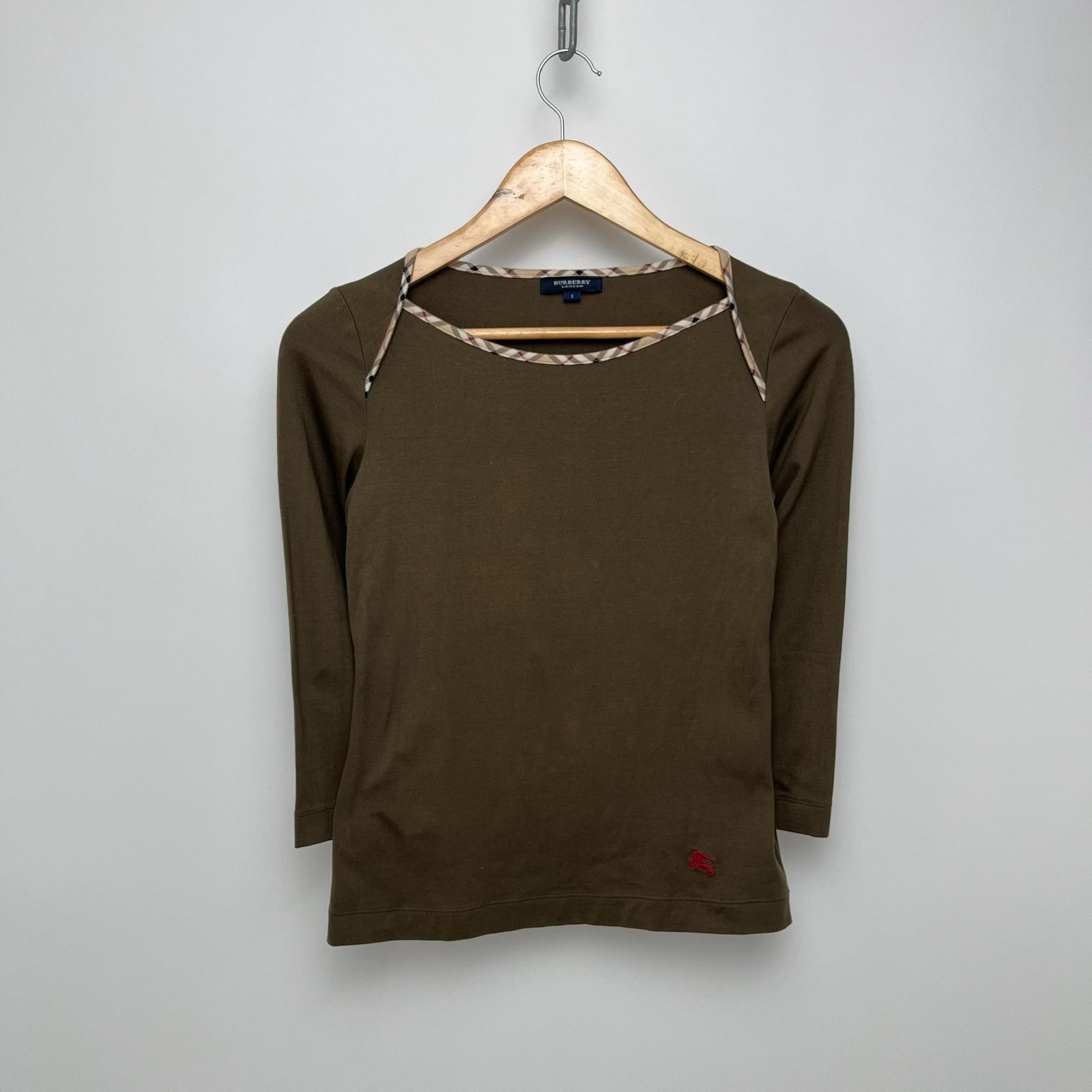 Burberry Brown Stretch Cotton Khaki Boat Neck 3/4 Sleeve Top - XS image 2
