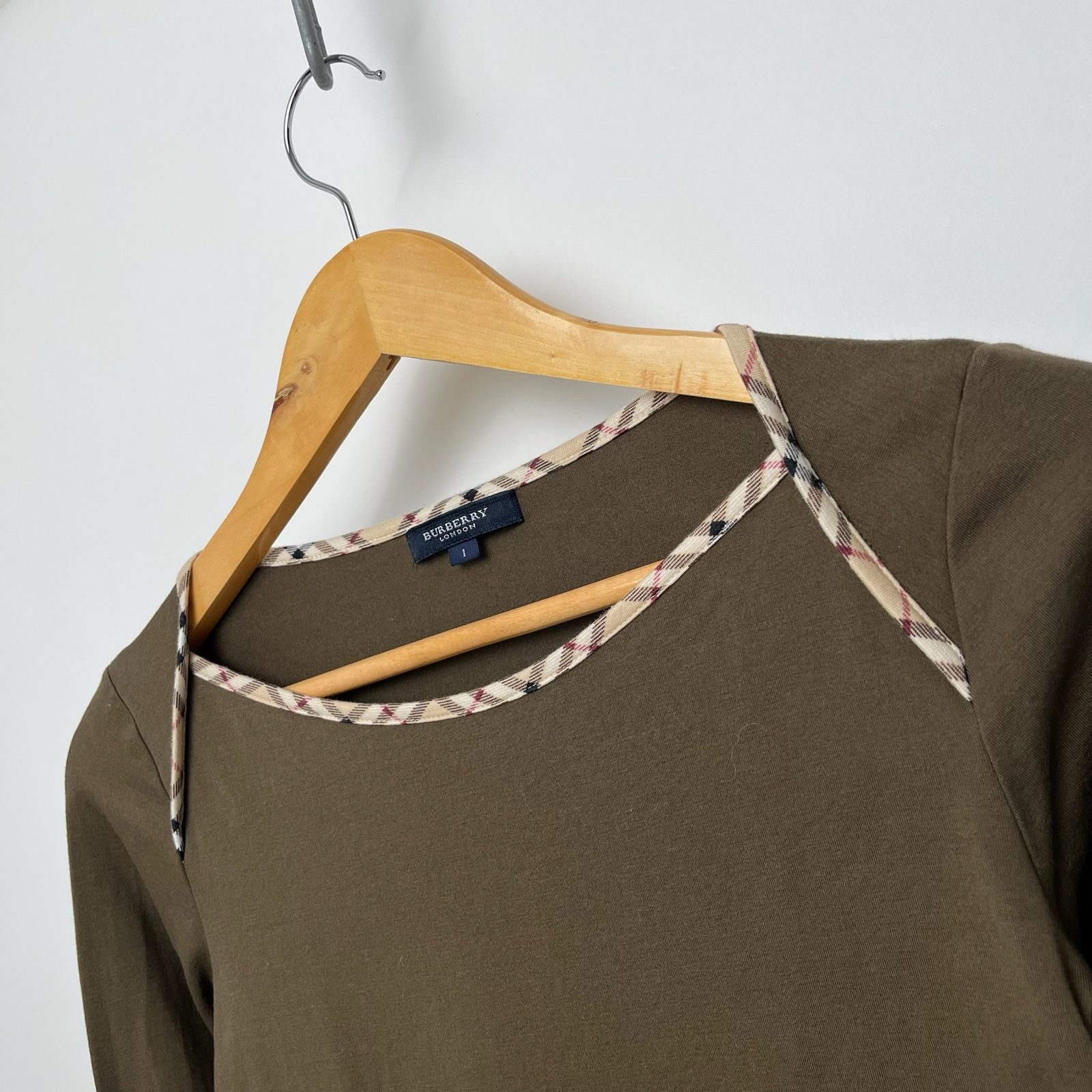 Burberry Brown Stretch Cotton Khaki Boat Neck 3/4 Sleeve Top - XS image 3