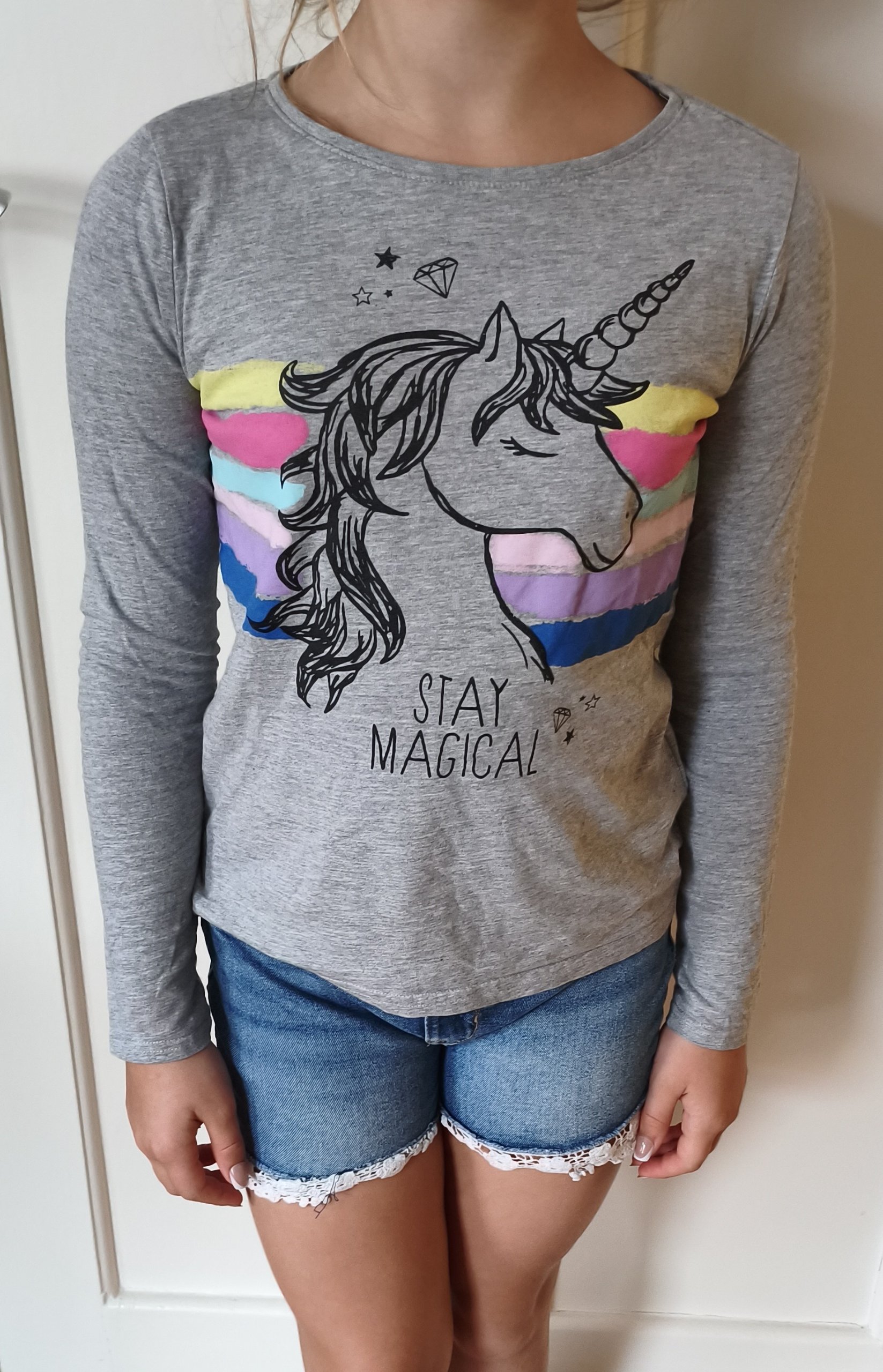 Langarmshirt Mädchen Grau Einhorn Gr. 146/152