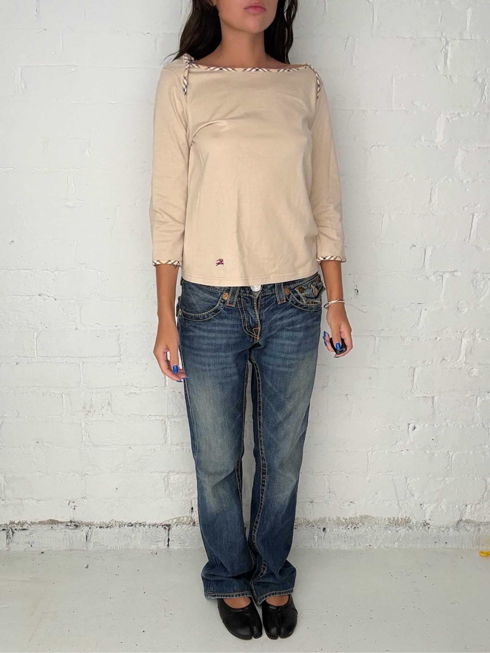 Burberry Brown Stretch Cotton Cream Boat Neck 3/4 Sleeve Top - M