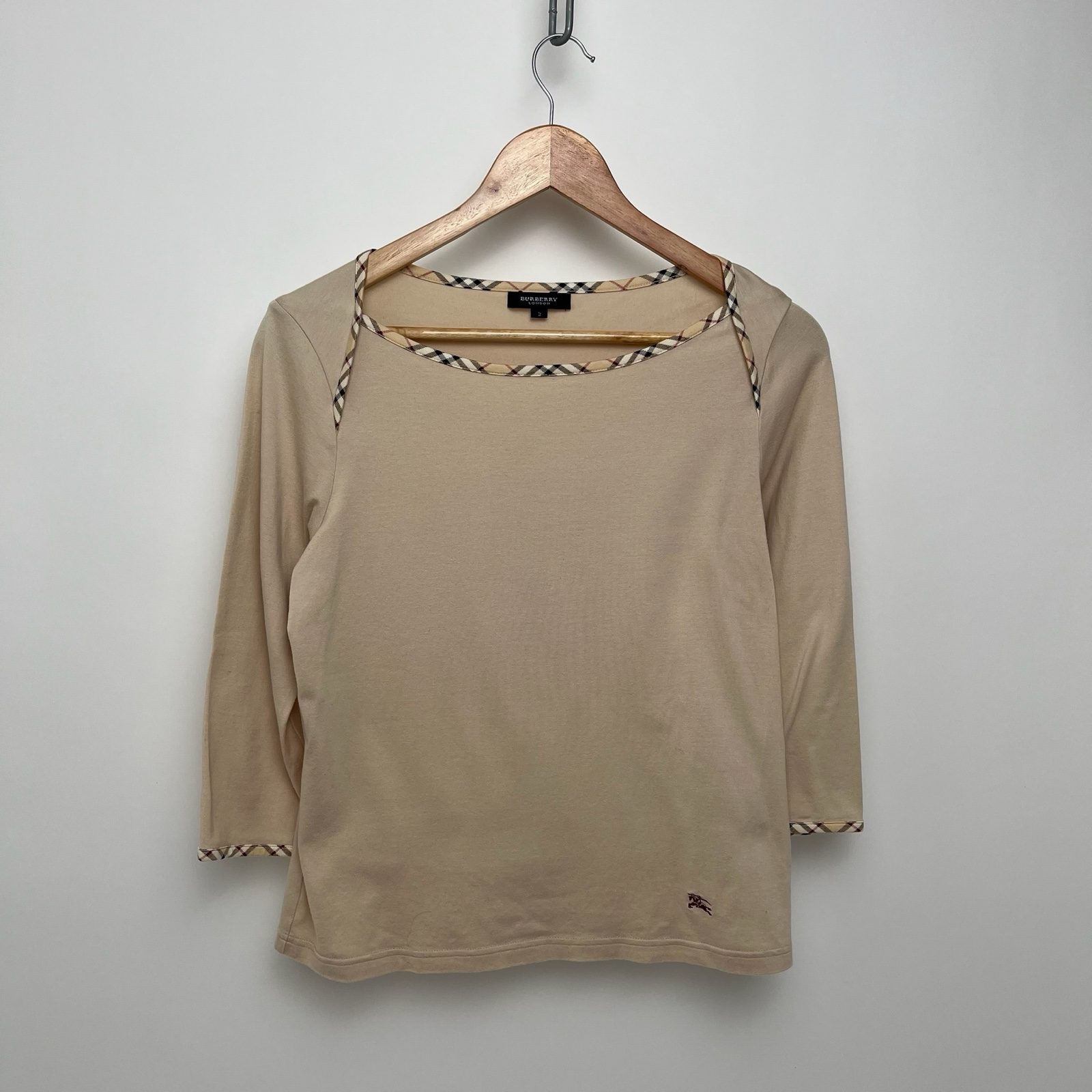Burberry Brown Stretch Cotton Cream Boat Neck 3/4 Sleeve Top - M image 2