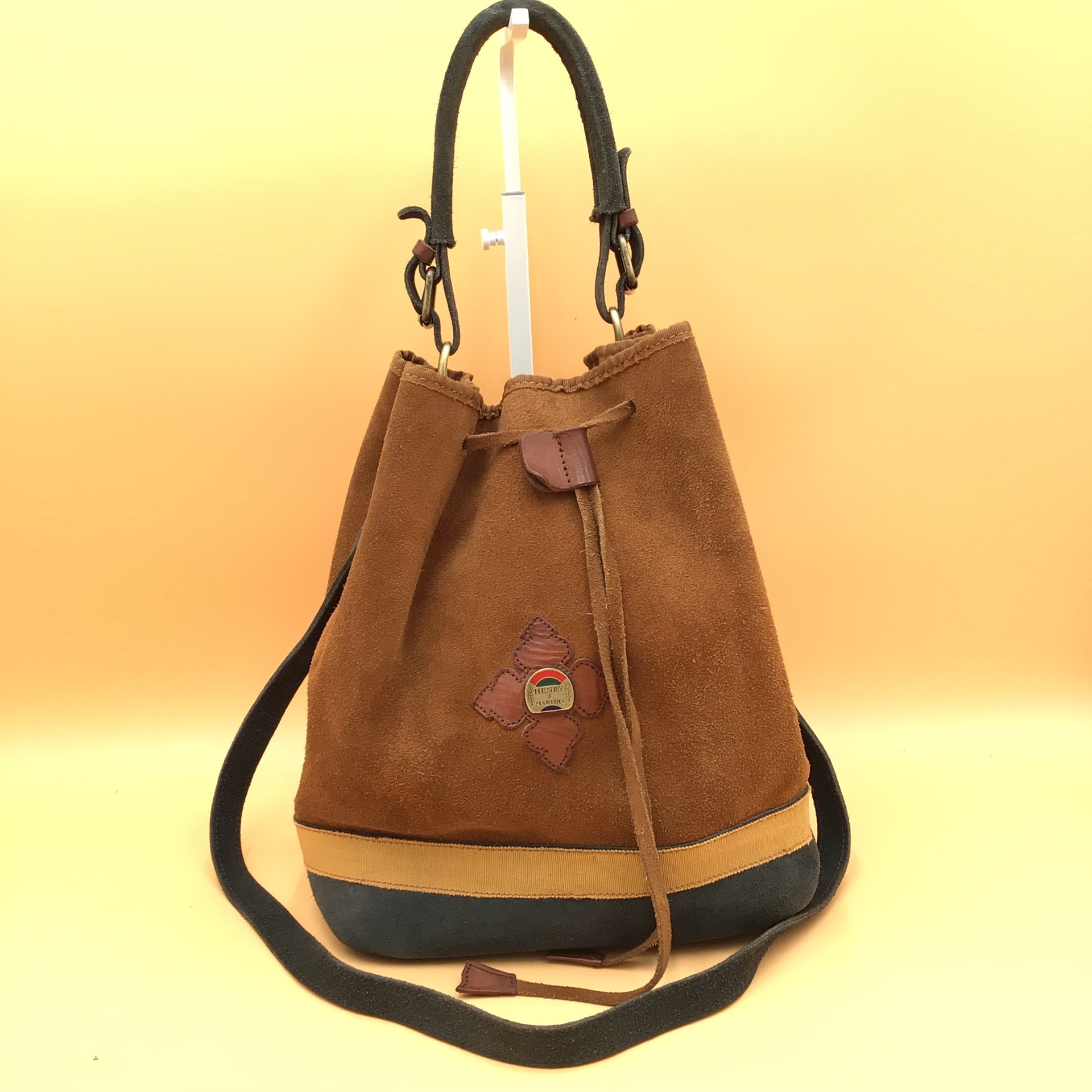 Borsa a Secchiello Vintage 1980s Henry & Martin's Marrone & Blu pelle Scamosciata