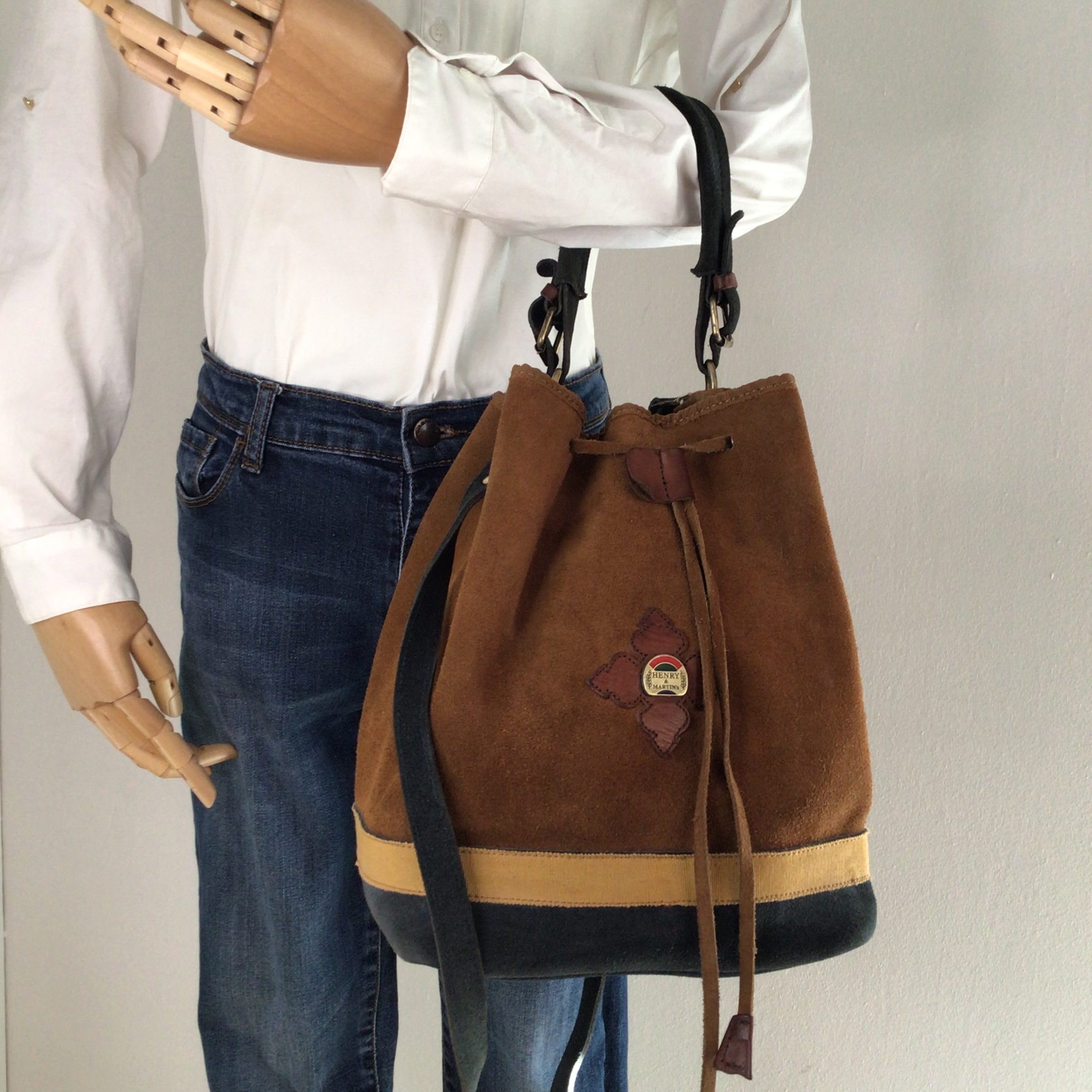 Borsa a Secchiello Vintage 1980s Henry & Martin's Marrone & Blu pelle Scamosciata image 2