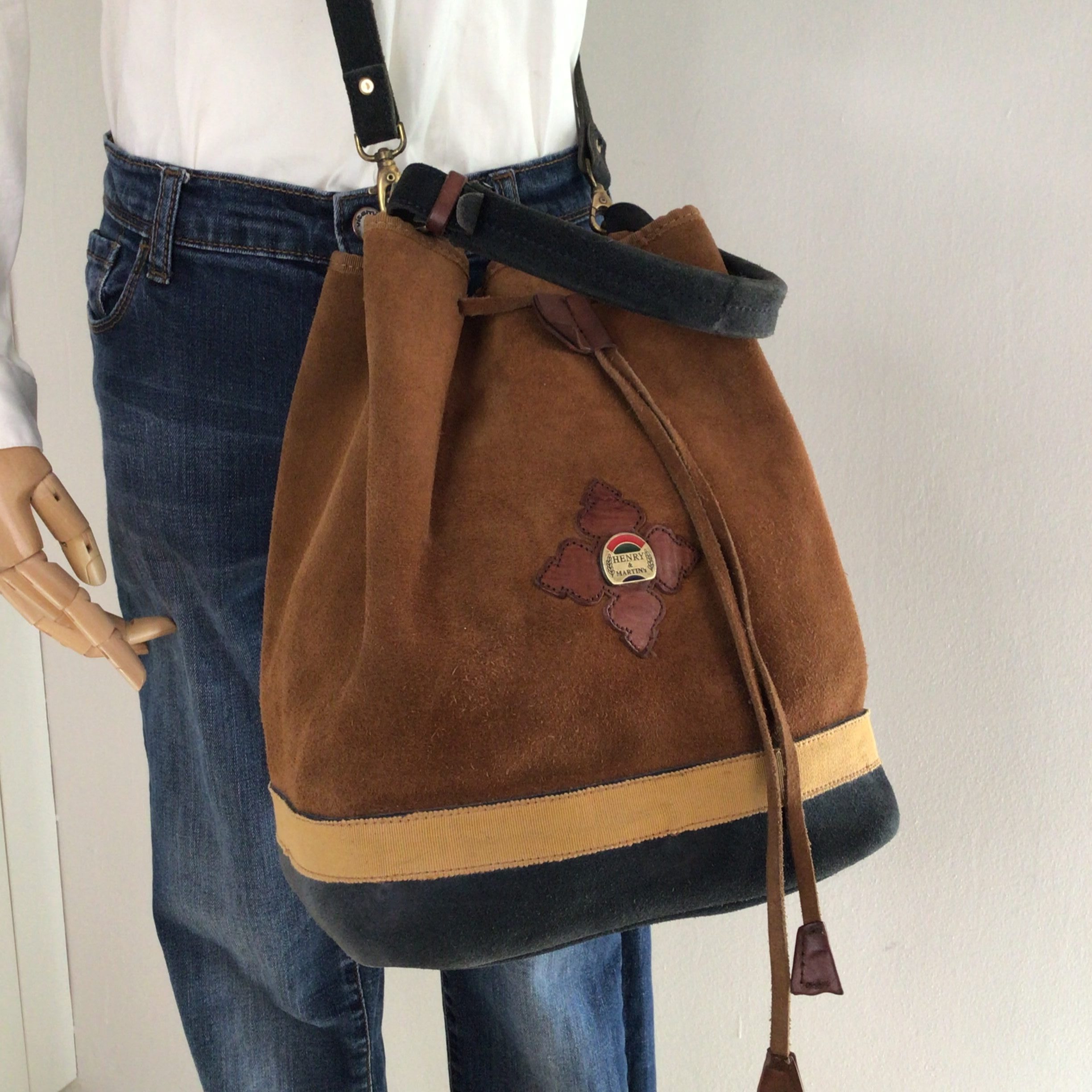 Borsa a Secchiello Vintage 1980s Henry & Martin's Marrone & Blu pelle Scamosciata image 3