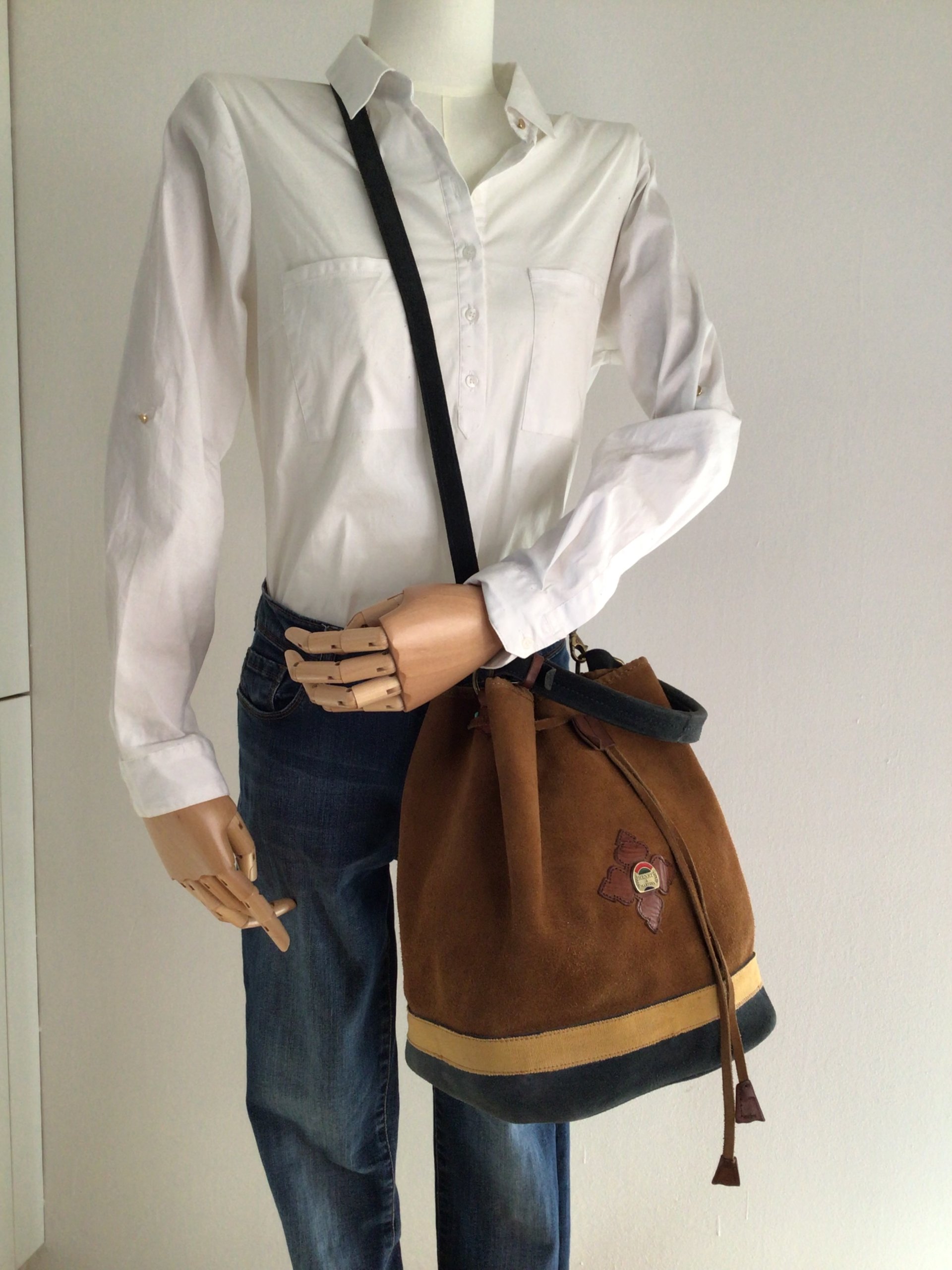 Borsa a Secchiello Vintage 1980s Henry & Martin's Marrone & Blu pelle Scamosciata image 4