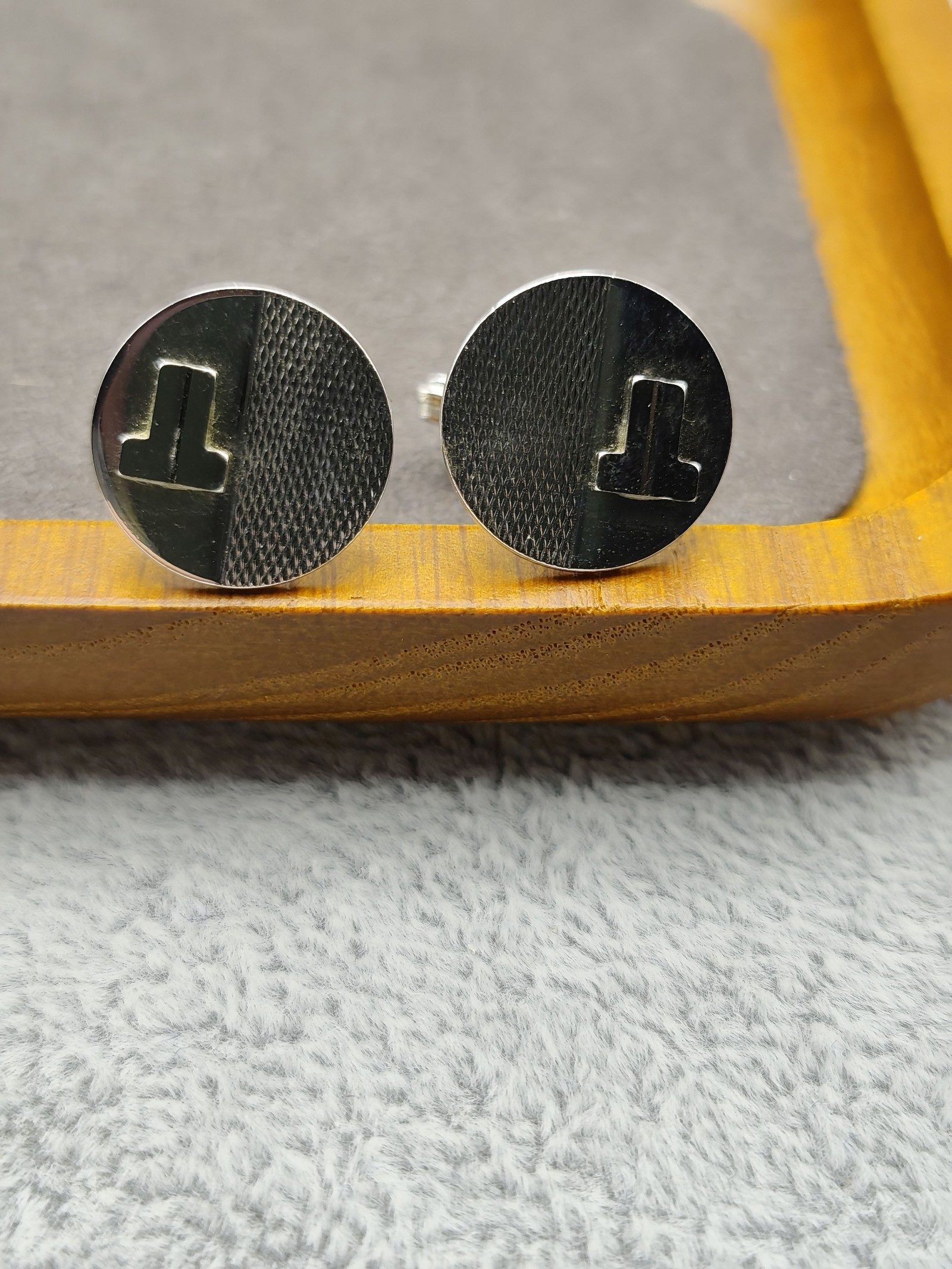 Lanvin Silver Tone Round Cufflinks with T Logo image 3