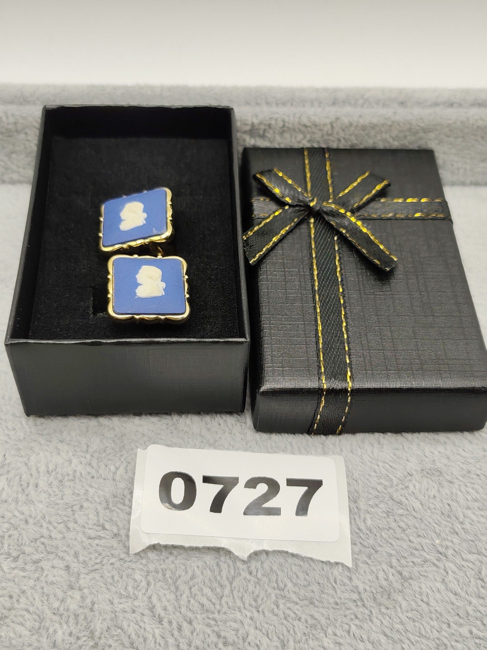 Blue & White Cameo Style Square Cufflinks with Gold Tone Frame