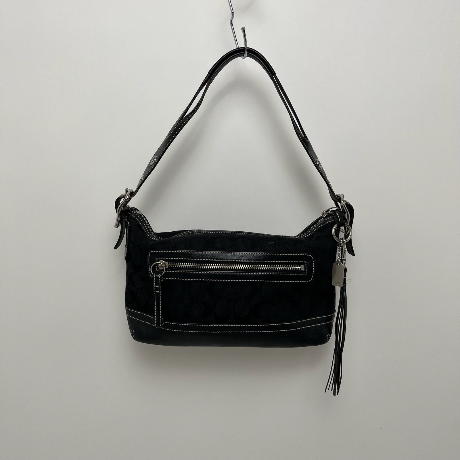 Coach Black Signature Monogram Canvas/Leather Shoulder Hobo Bag With Tassel 9363