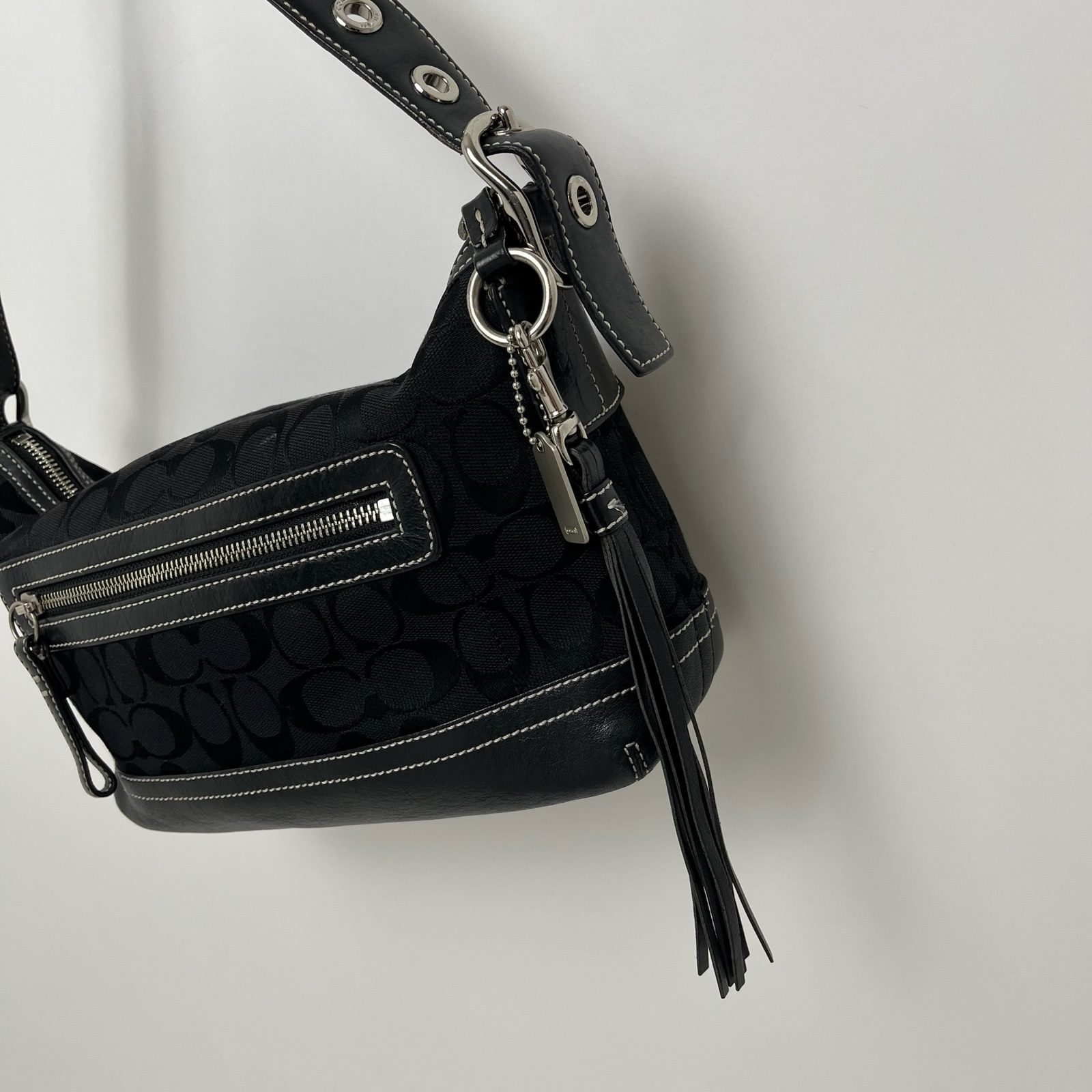 Coach Black Signature Monogram Canvas/Leather Shoulder Hobo Bag With Tassel 9363 image 2